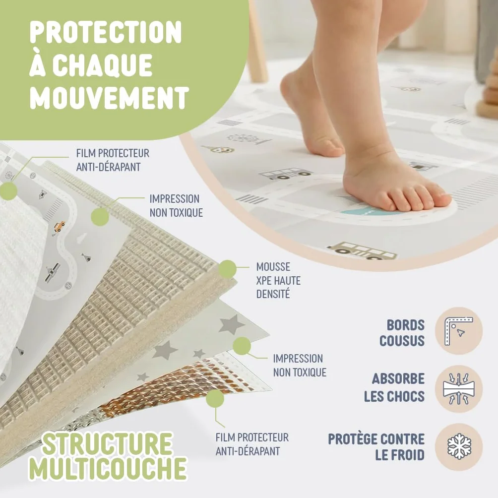 Tapis d'Éveil et de Jeux Bébé Treelys Urban Railway 150x200 cm Circuit Routier Pliable Réversible XPE 15mm EN71 0-3 Ans