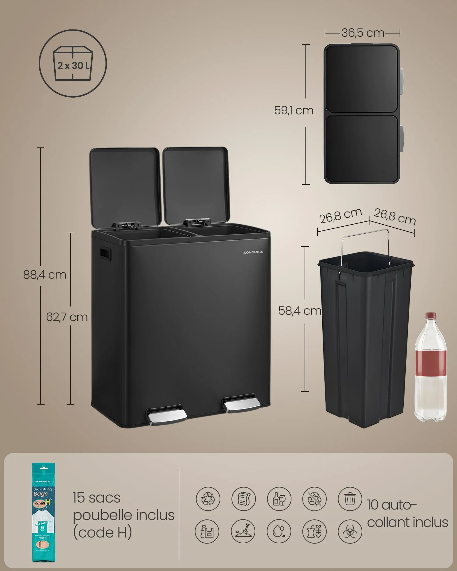 SONGMICS Poubelle de Cuisine 2 x 30 L, Tri 2 Compartiments, Acier, Noir d'Encre LTB160BZ02