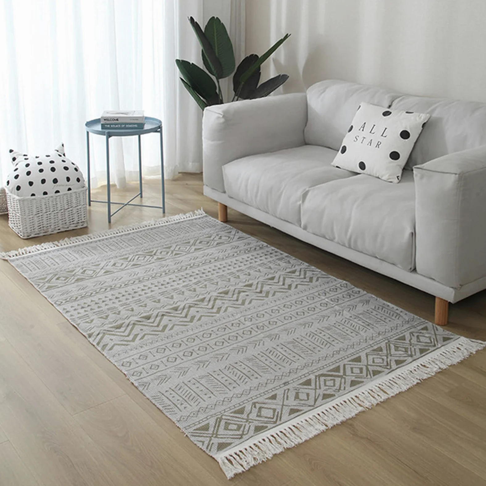 Tapis tissé à la main en coton et lin avec pompon - Style bohème - Pour salon ou chambre à coucher - 80 x 200 cm