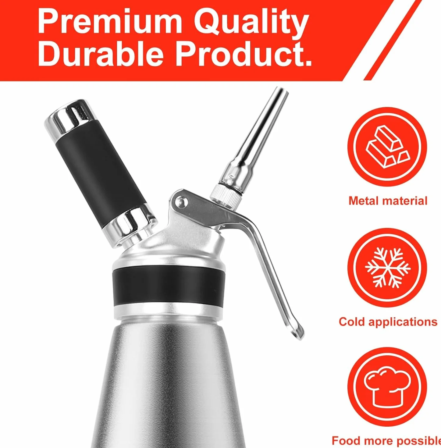 Siphon à chantilly en aluminium 1000 mL avec 5 douilles inox et 3 buses, pour pâtisserie