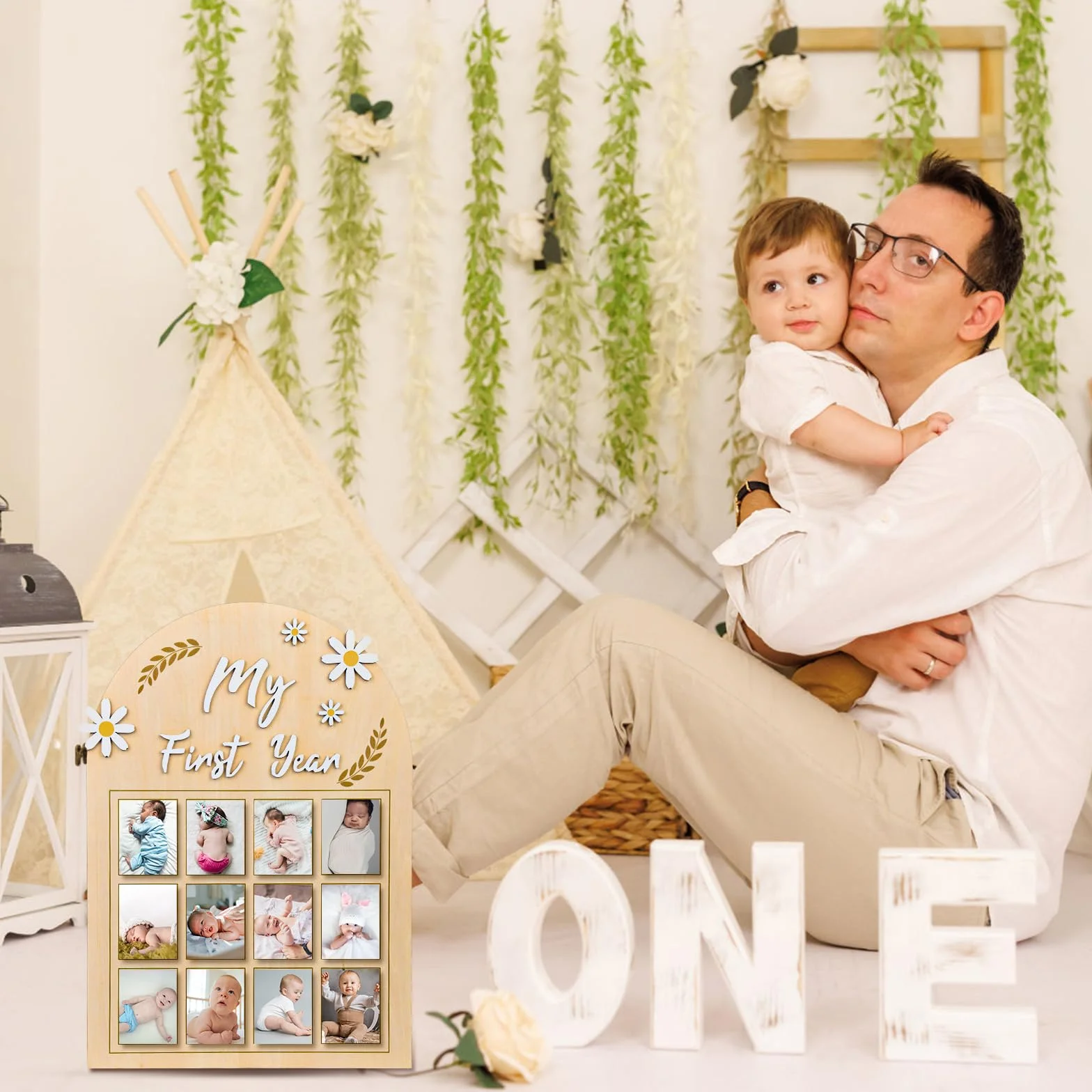 Cadre Photo Première Année Bébé Fleur Marguerite 3D Bannière Photo Mensuelle Planche Bois 12 Mois Cadeau Nouveau-Né Souvenirs 1er Anniversaire