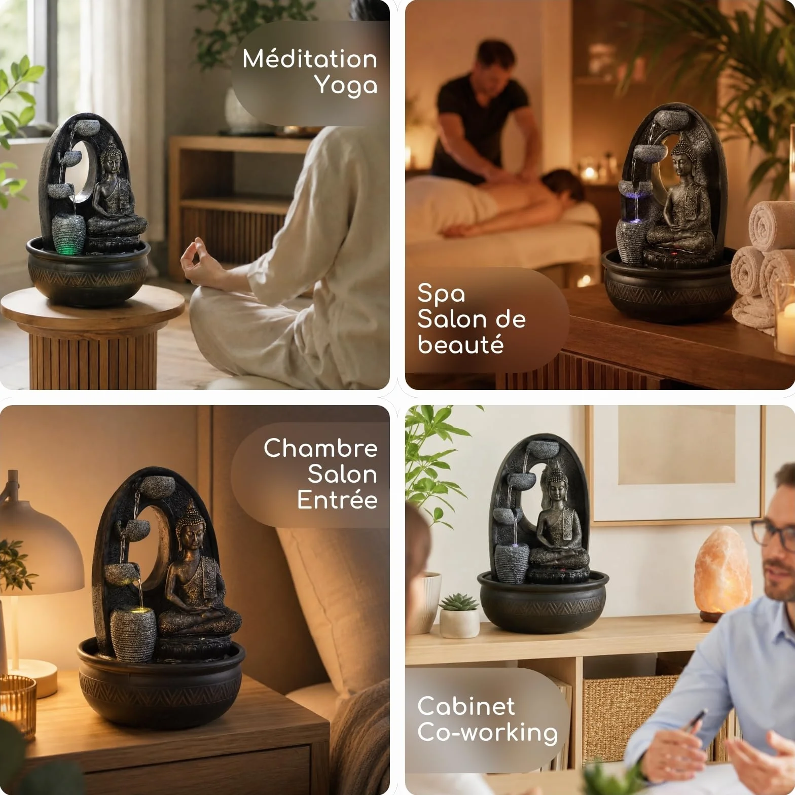 Fontaine d’Intérieur Bouddha Harmonie 40cm avec Éclairages LED et Pompe Silencieuse