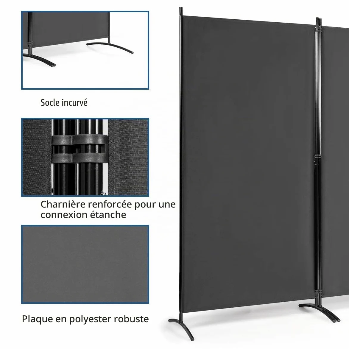 FANTASK Paravent Mural à 3 Panneaux - 260 x 183 cm - Pliable - avec Dessous réglables - en métal et Polyester - pour la Maison, Le Bureau, la terrasse - Gris