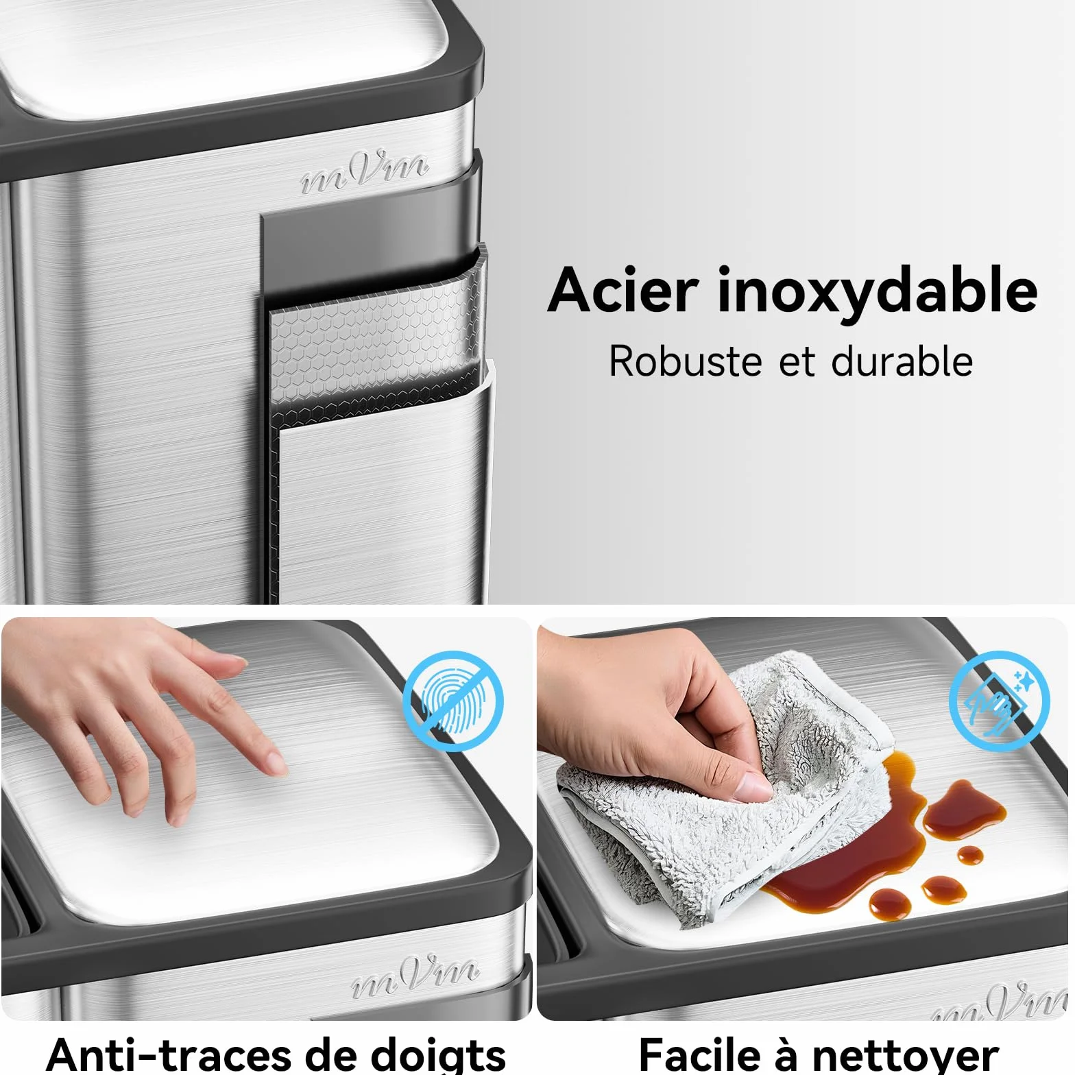 mVm Poubelle de Cuisine Triple 3 Compartiments 60L Acier