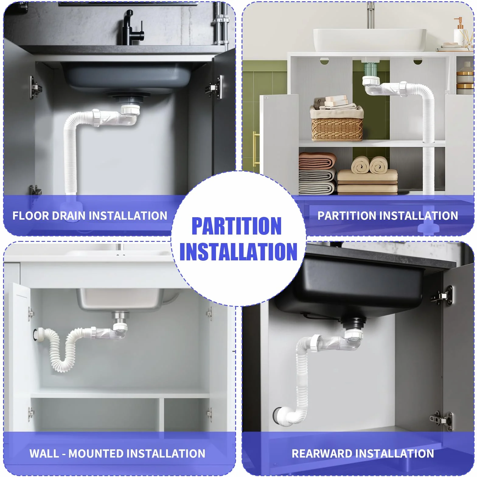Siphon Lavabo Extra Plat Réglable 1 1/4" Anti-Odeurs Blanc