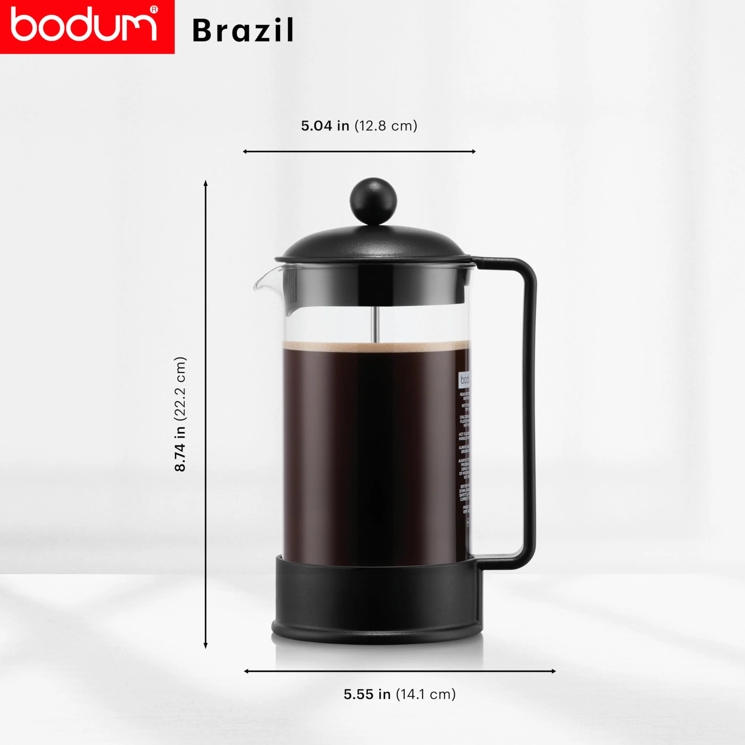 Bodum Cafetière à Piston Brazil 1L Verre Résistant Filtre Acier INOX