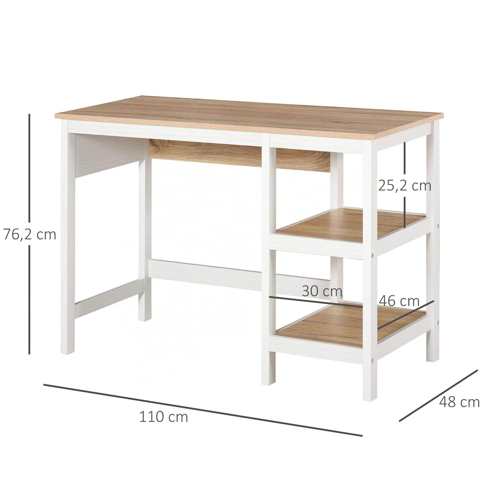 HOMCOM Bureau Informatique Multimédia 110Lx48lx76H cm Chêne Clair Blanc | 2 Étagères Latérales, MDF E1, Bureau Avec Rangement