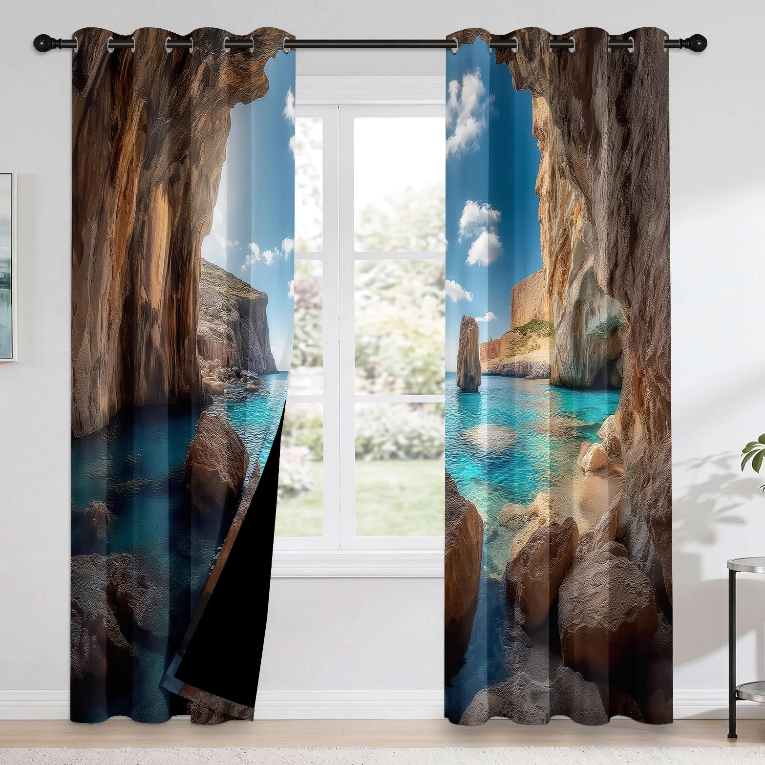 Générique Rideau Occultant Paysage Naturel à Oeillets, Rideaux Thermiques Isolants pour Salon, Grottes Rochers Vagues Nuages Imprimé 3D, Lot de 2 Panneaux 140 X 260 cm (LxH), Décoration de Chambre
