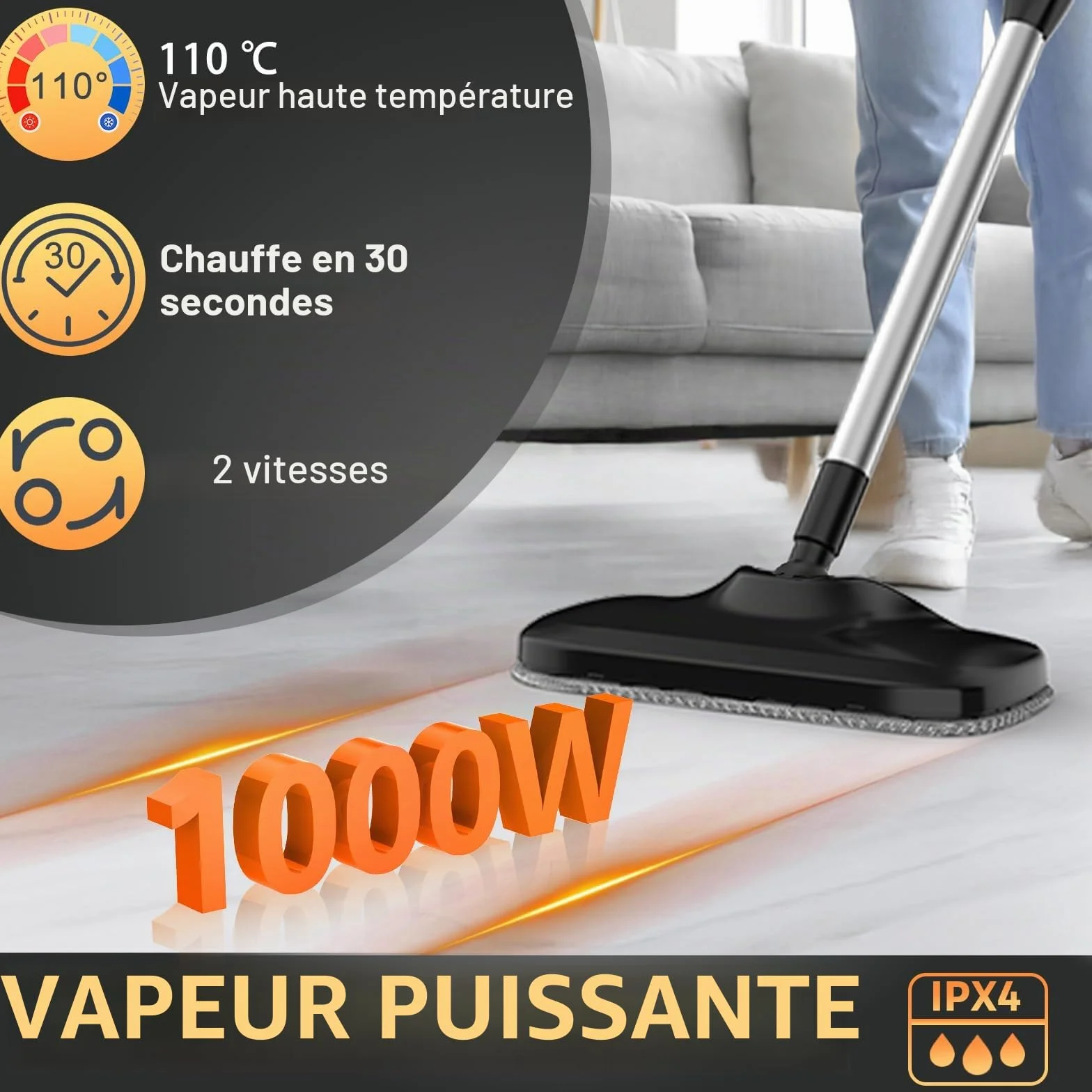 Nettoyeur Vapeur Balai Multifonctions 2-en-1, Chauffe Rapide 30s, 1000W, Réservoir 240ml