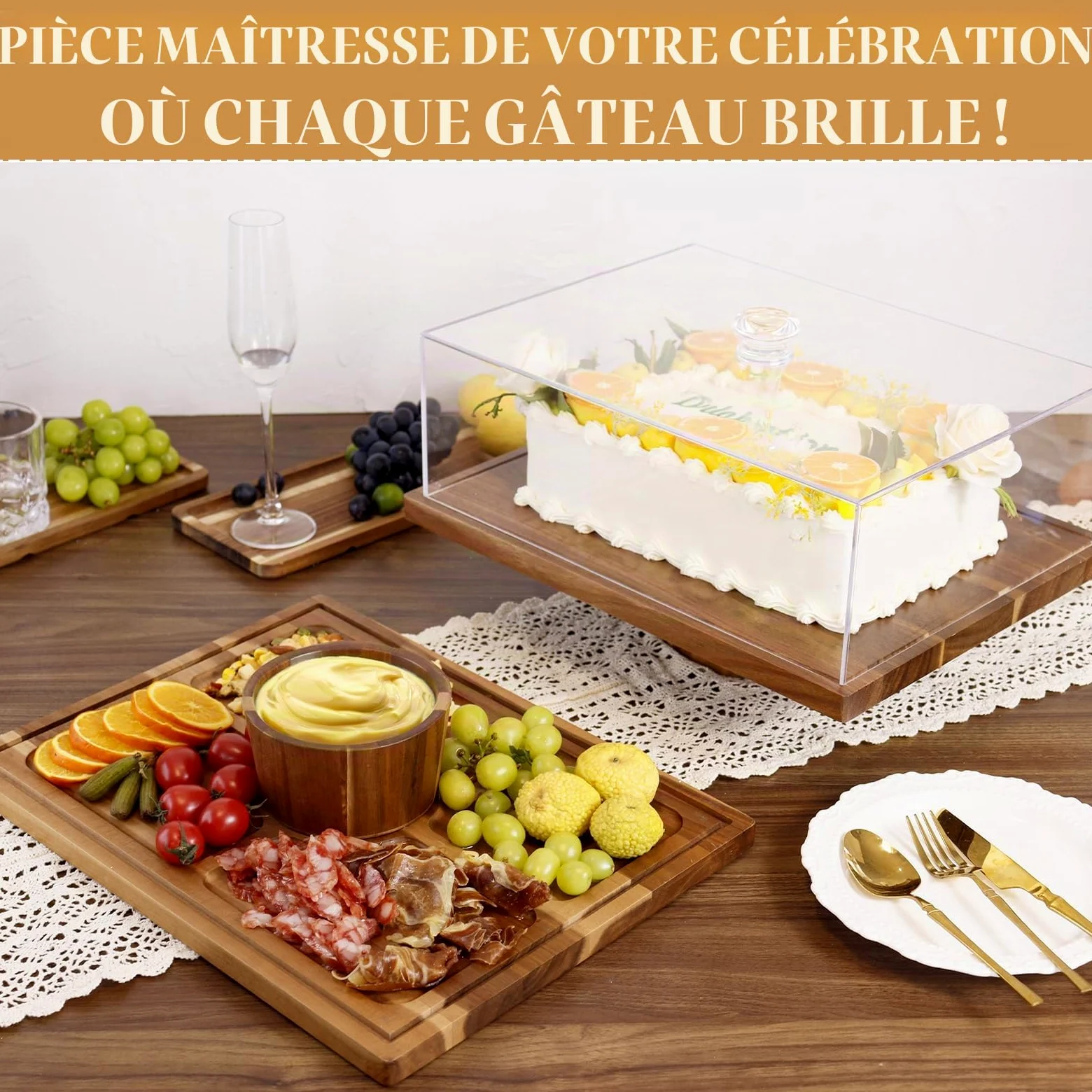 Présentoir à gâteaux rectangulaire en bois d'acacia de 43 cm avec couvercle - Plateau de service et présentoir à desserts 2 en 1, dôme à gâteaux en acrylique incassable (43 cm)