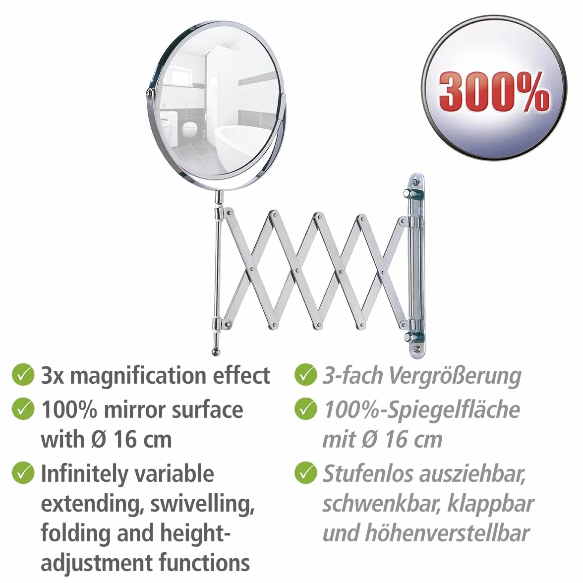 WENKO Miroir cosmétique mural à bras télescopique orientable chromé