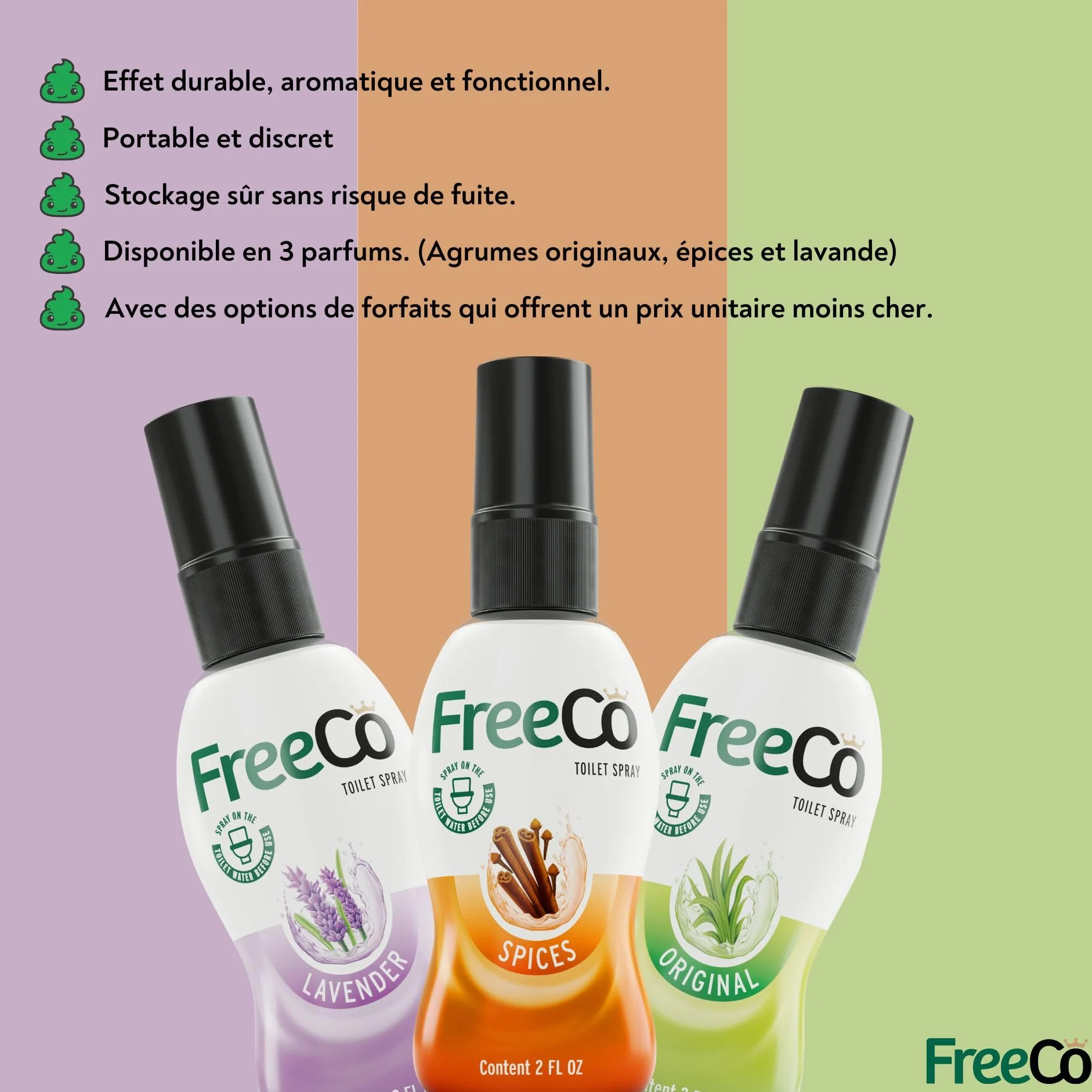 Freeco Huiles Essentielles Spray Anti-Odeur WC 3x60ml Parfum Agrumes Lavande Épice