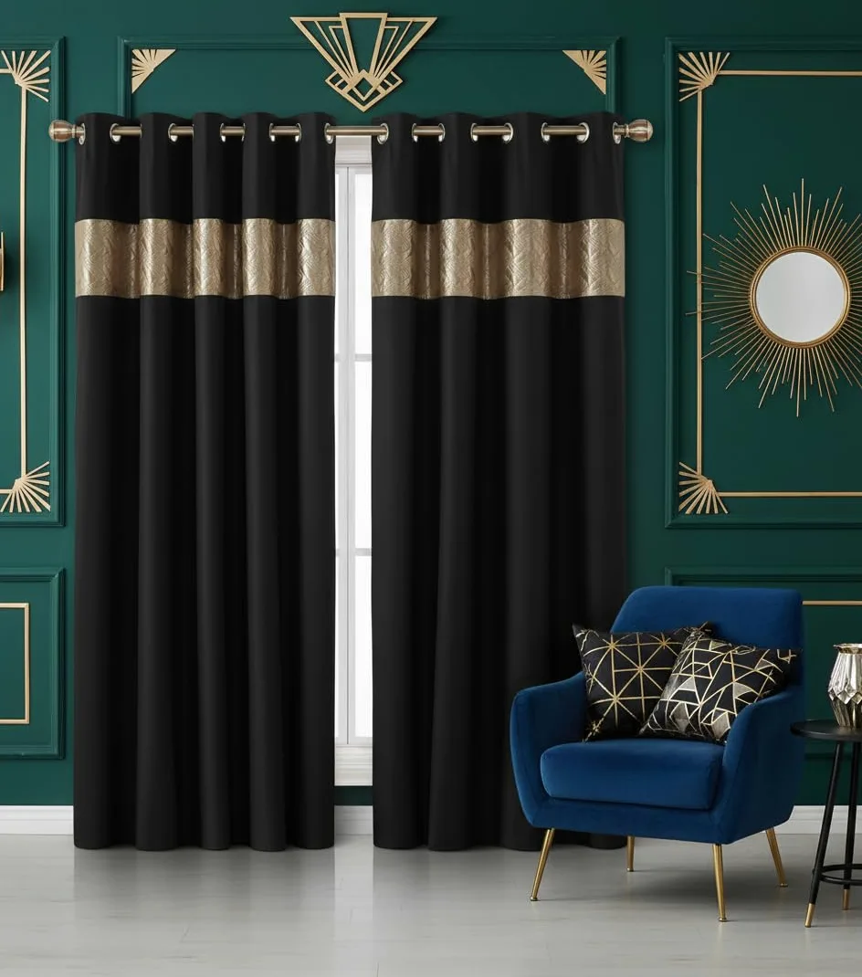 Rapport Capri Paire de Rideaux à œillets en Velours Noir/doré 168 x 183 cm