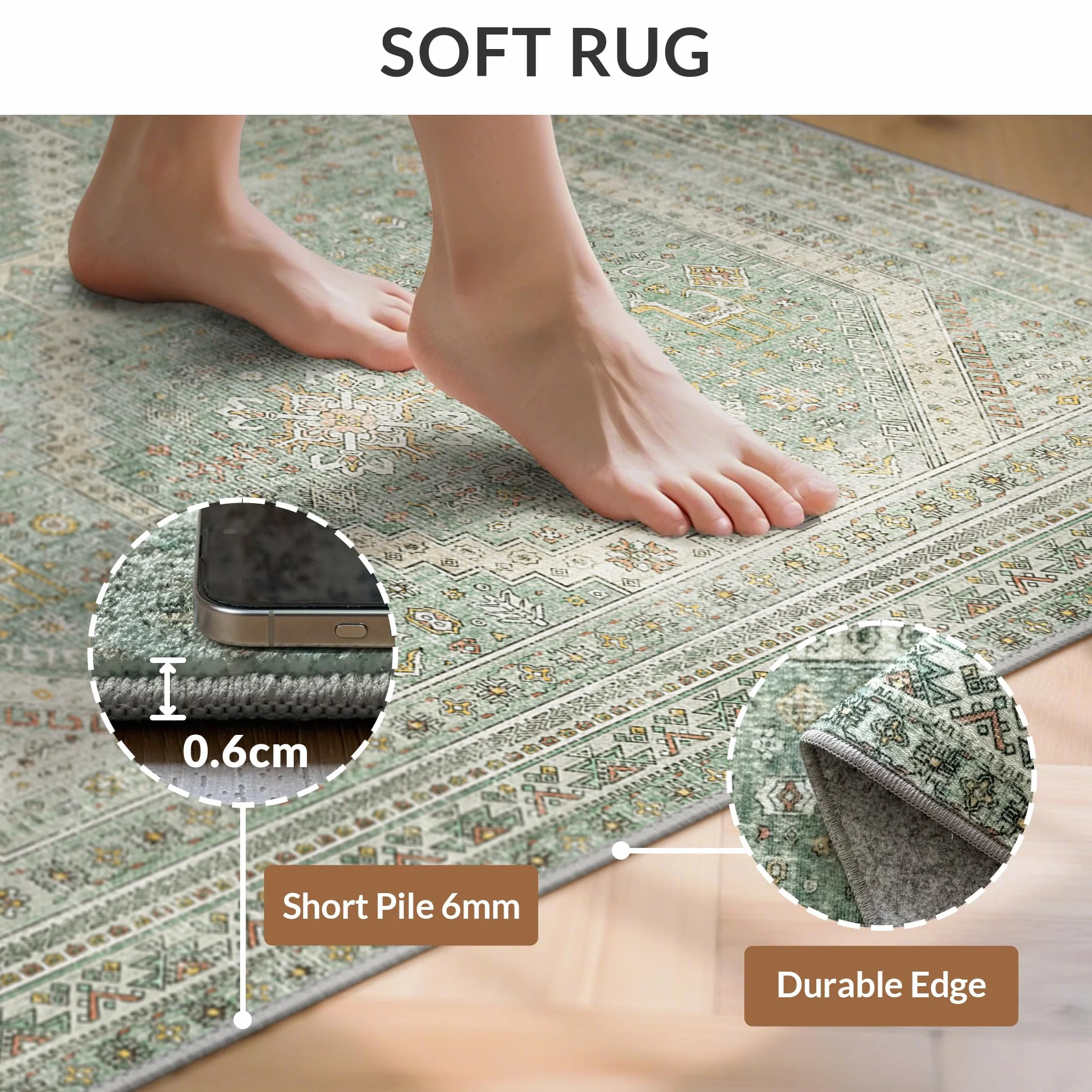Tapis Salon Vintage Moquette Lavable en Machine 240x300CM Vert