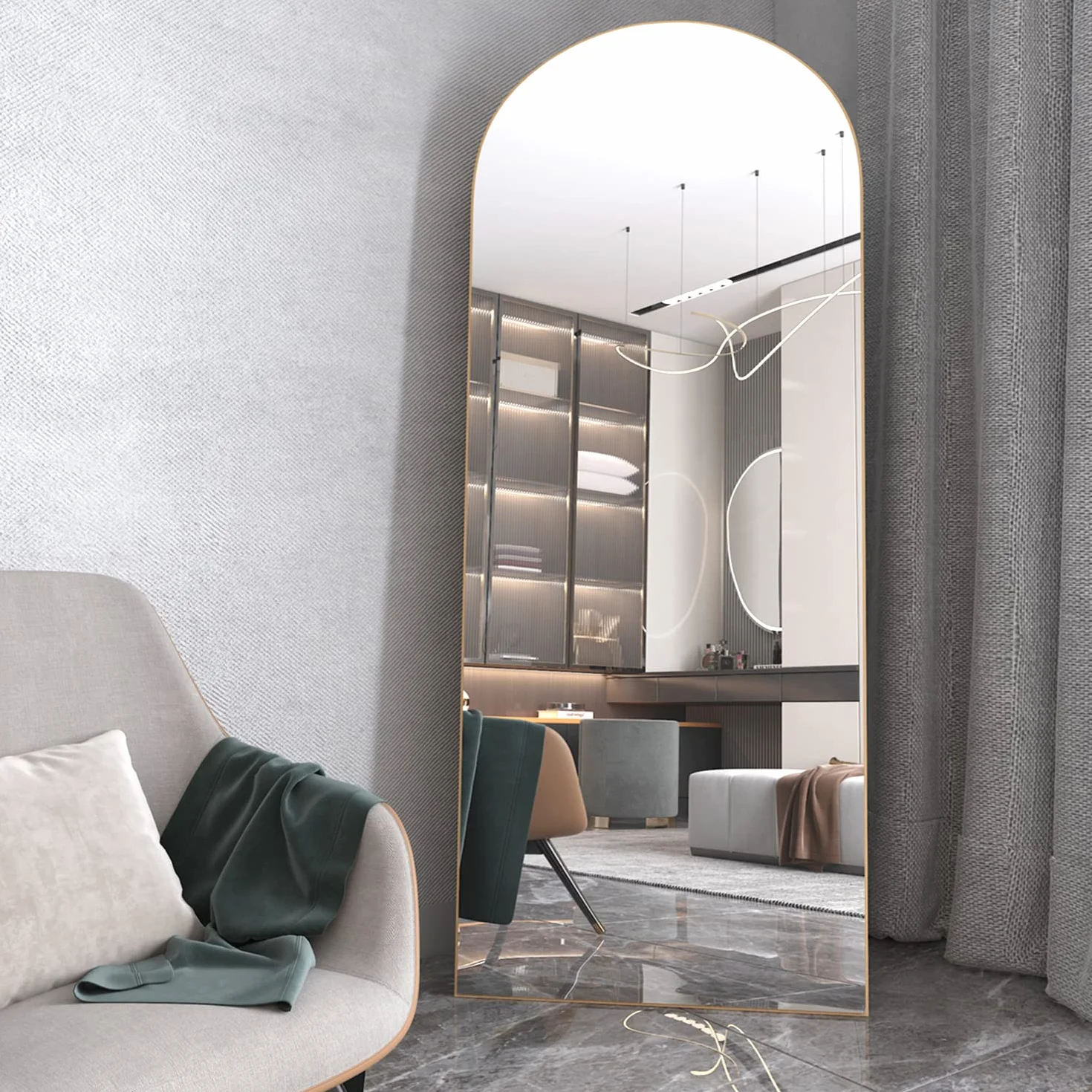 Miroir de Sol Arqué 165 x 60 cm Doré avec Support Mural pour Chambre, Entrée, Salon