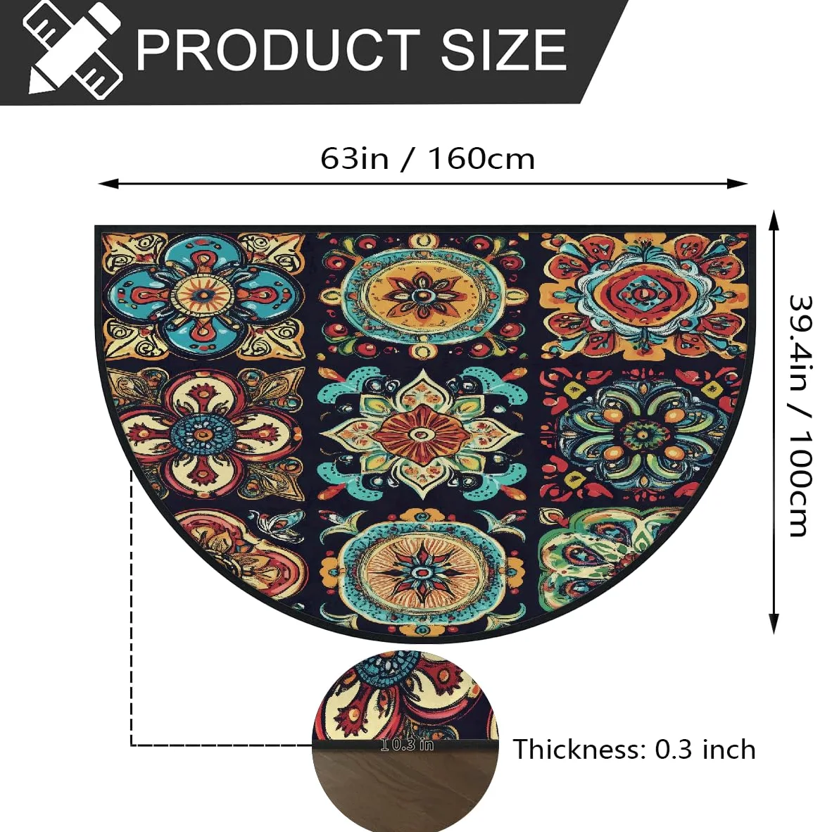 Mexpekil Paillasson mexicain ethnique floral demi-lune pour intérieur et extérieur, antidérapant, lavable, absorbant, anti-saleté, 100 x 160 cm