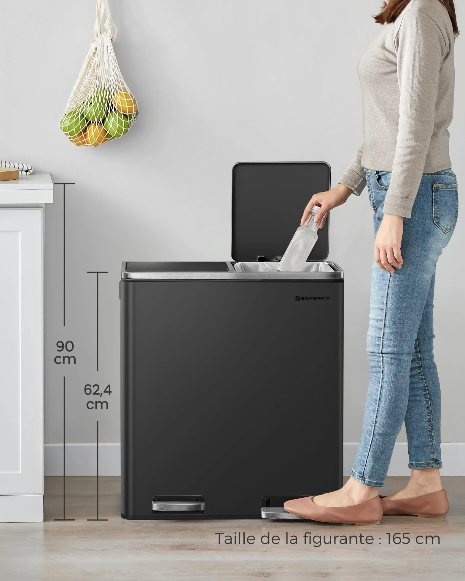 SONGMICS Poubelle Cuisine Tri Sélectif 2 x 30L, Seaux Plastique avec Pédales Métal, Noir LTB60BK