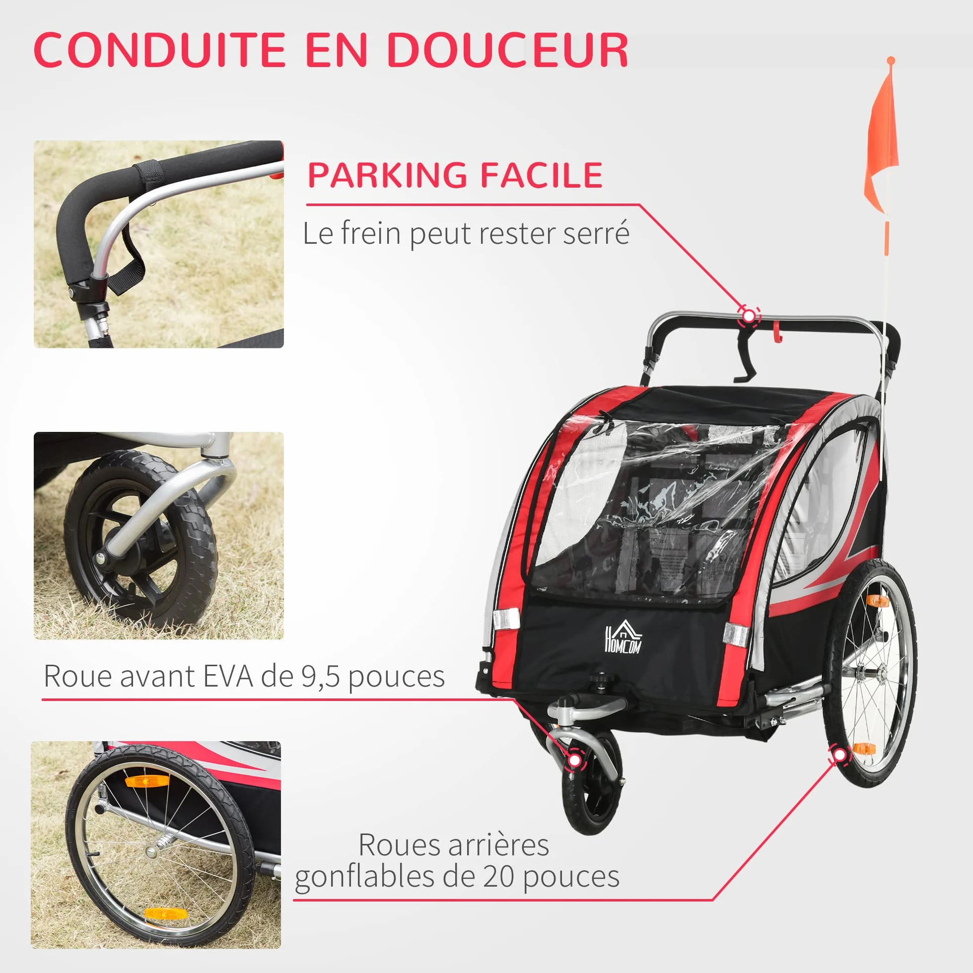 HOMCOM Remorque vélo enfant 2 en 1 convertible jogger poussette 26,4 kg 2 places