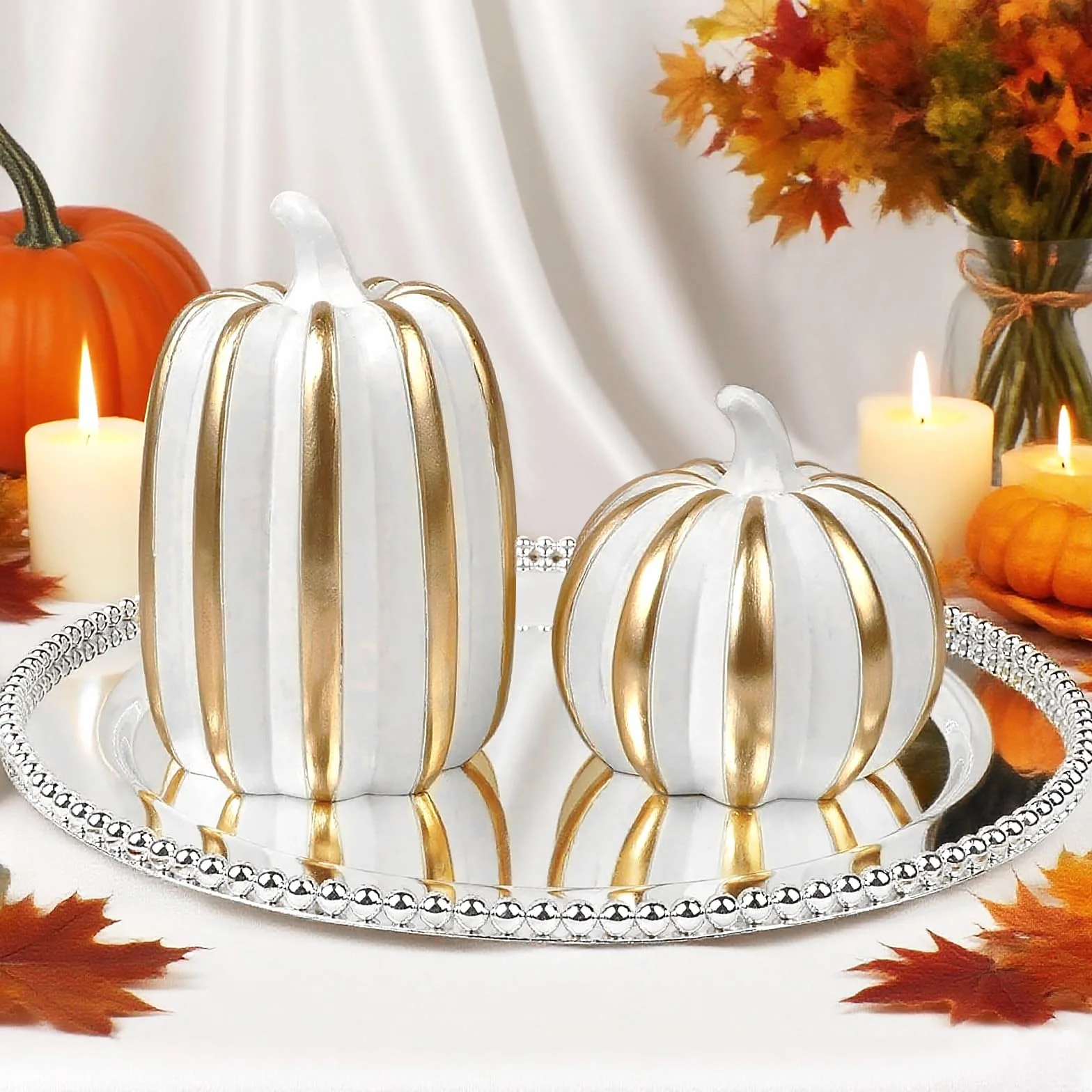 Fangoo 3Pièces Citrouilles Décoratives Résine Blanches pour DéCoration De Table d'automne Halloween RéColte Thanksgiving