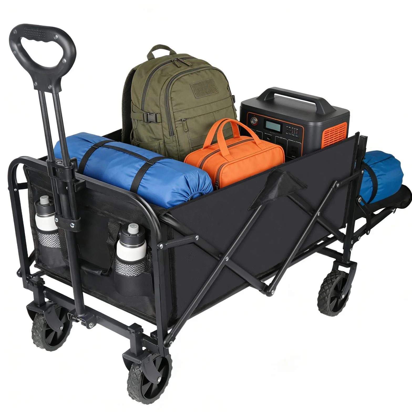 Chariot de Plage Pliable 120L 120KG avec Hayon Arrière Rabattable, Roulettes 360° et Porte-Gobelets