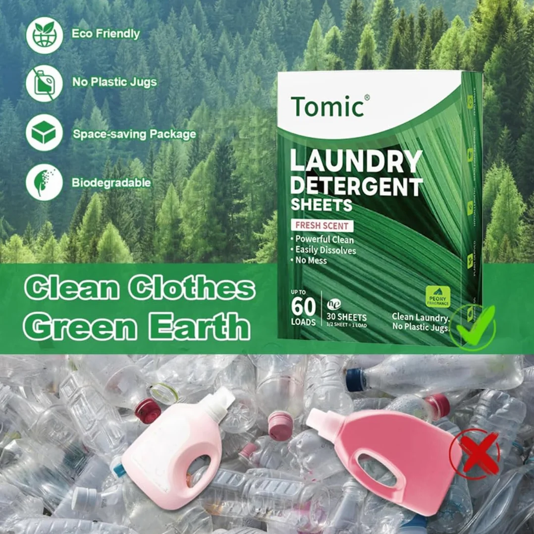 Lessive en Feuille Biodégradable 30 Feuilles 60 Charges Hydrosoluble Hypoallergénique Sans Plastique Blanc et Couleur Fraîcheur Intense
