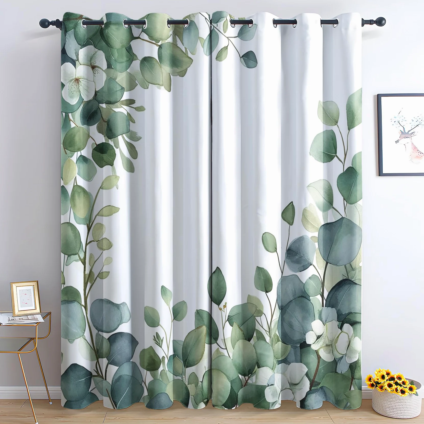 Rideau Occultant Eucalyptus, Feuille Verte Motif Rideaux Thermiques à Oeillets, Rideaux Imprimé pour Salon Chambre Fenetre Moderne Décoration, 140x220 cm (L x H), Lot de 2