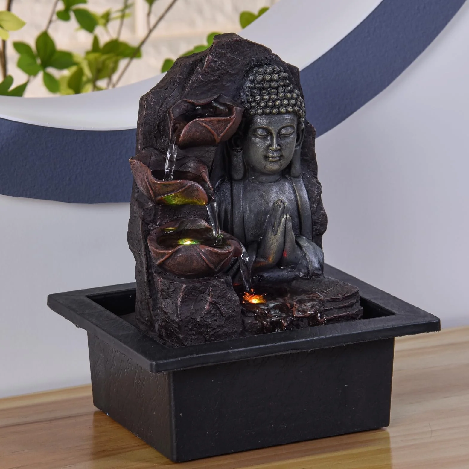Fontaine d’Intérieur Cascade Bouddha Lotus LED Lumière Colorée Feng Shui 21 x 21 x 26 cm