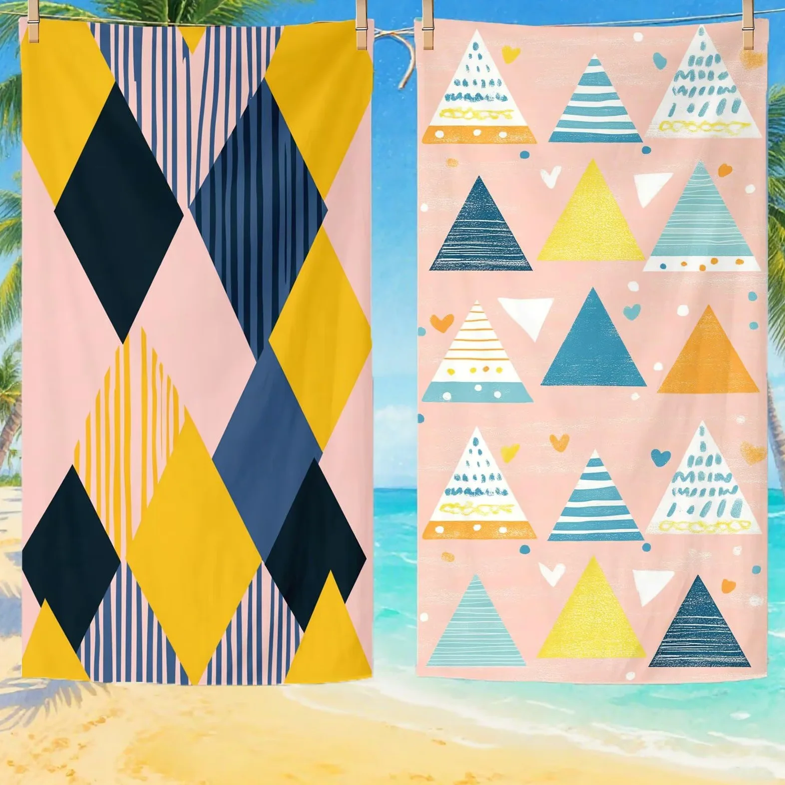 Serviette de Plage Microfibre Serviette Plage 100x220 2 Pack Séchage Rapide, Anti-Sable, Absorbante Fonction drap de plage xxl pour Bain, Sport, Voyages, Sauna, Piscine, Yoga, avec Sac Géométrie Q-780