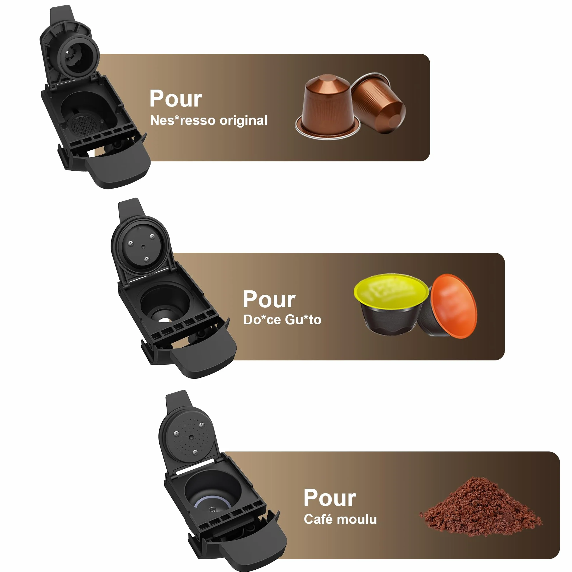 Machine à café à capsules 3 en 1 pour Nespres*o Original/D*lce G*sto/poudre, deux quantités d'eau, design compact, réservoir d'eau amovible de 600 ml (ST-551)