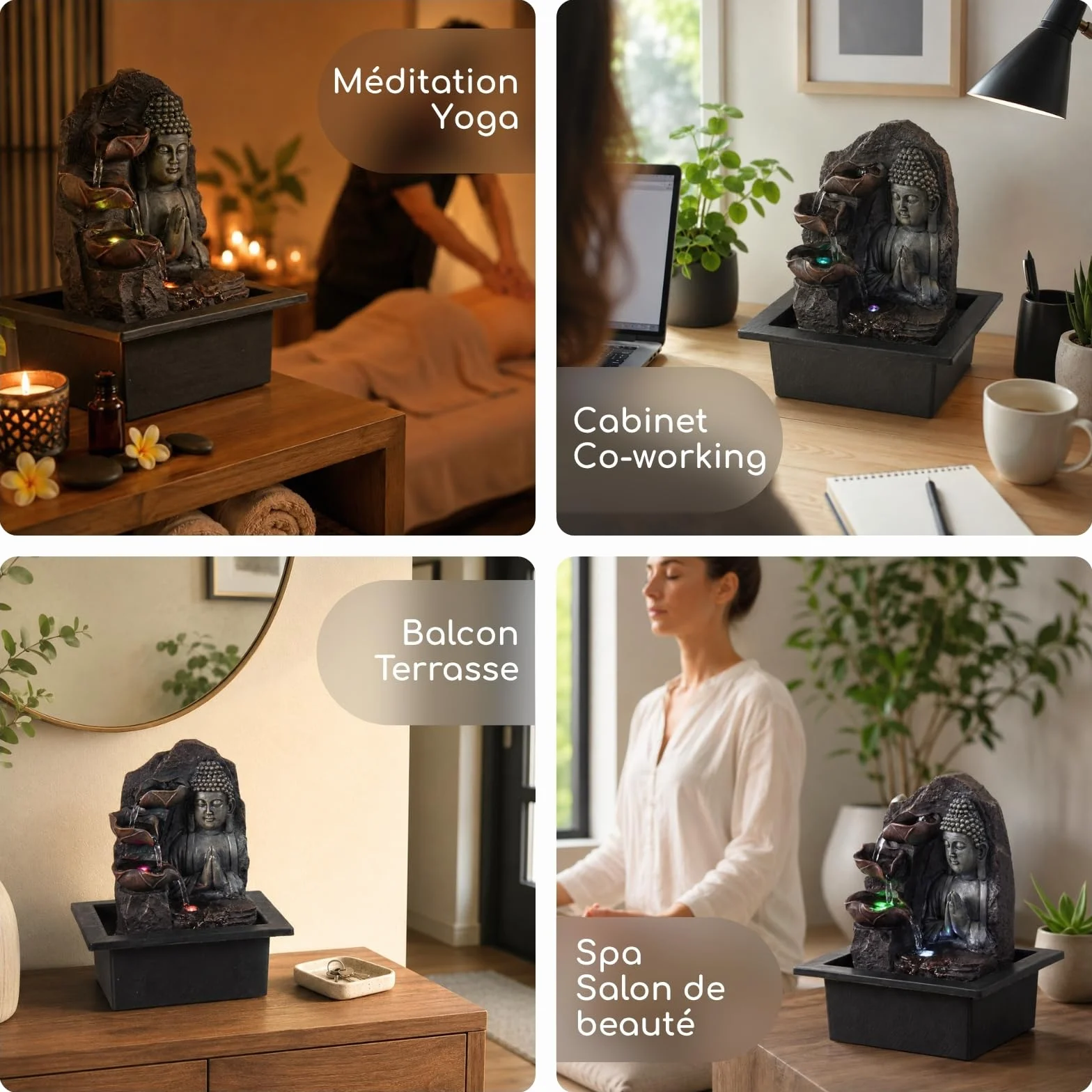 Fontaine d’Intérieur Cascade Bouddha Lotus LED Lumière Colorée Feng Shui 21 x 21 x 26 cm
