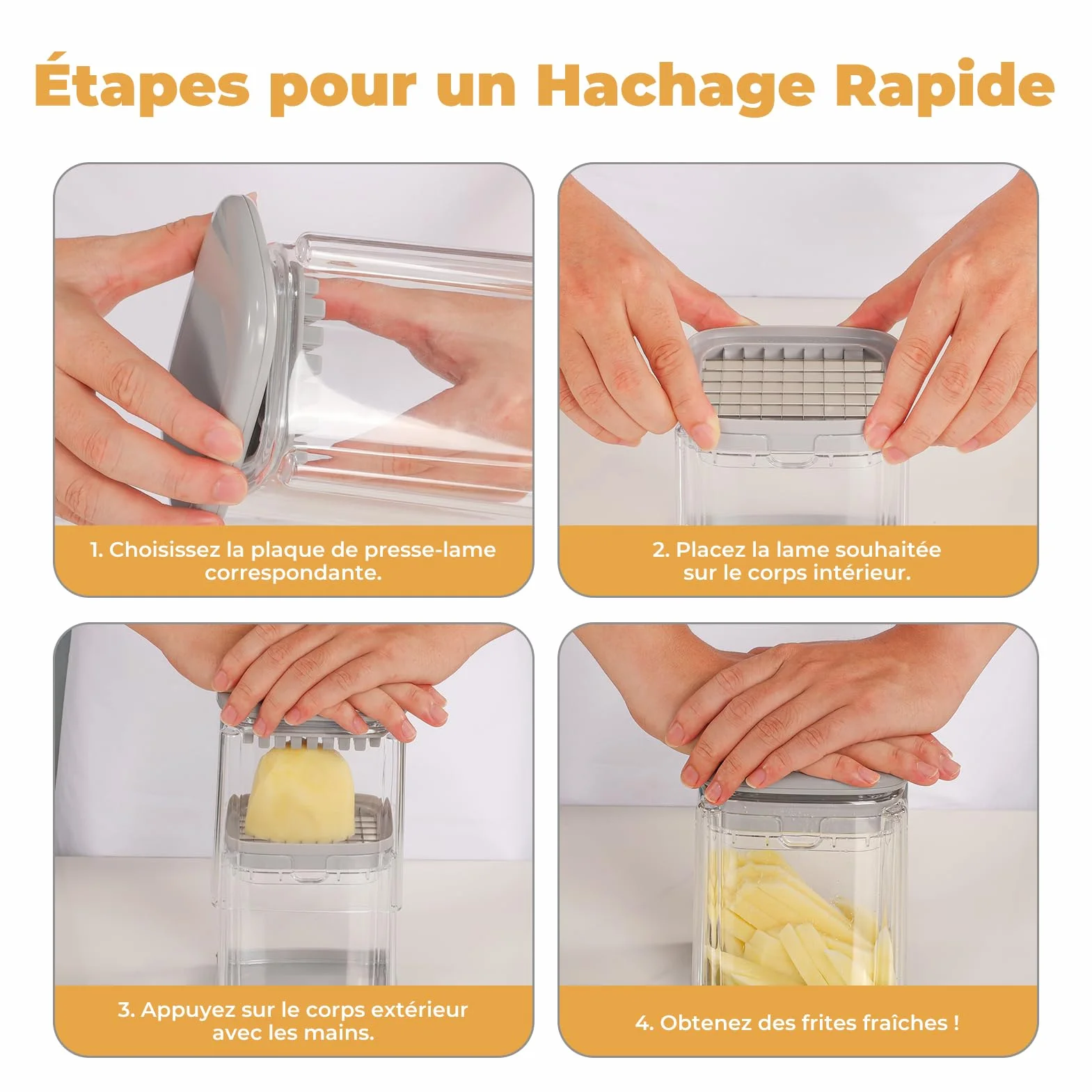 Coupe Frites Manuel, Coupe Frite Rapide avec 3 Lames en Acier Inoxydable, Gris