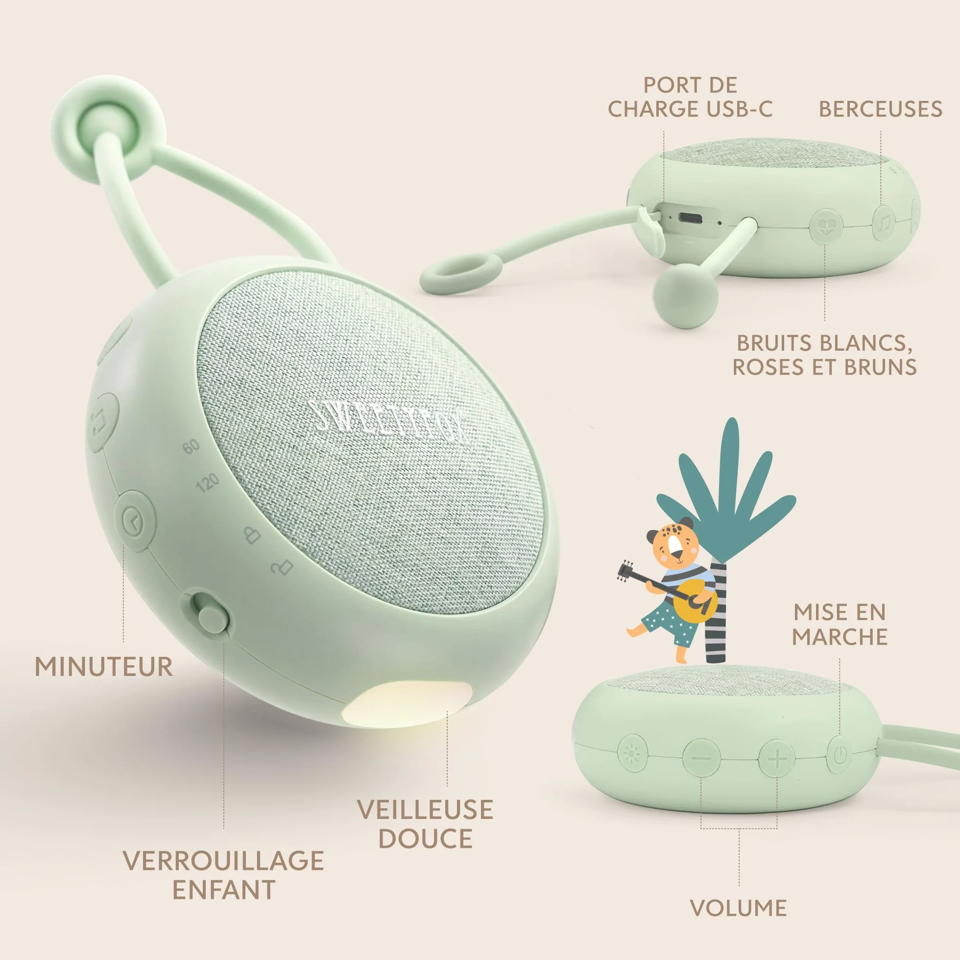 Sweety Fox Bruit Blanc Bebe Veilleuse 15 Sons USB Rechargeable Vert