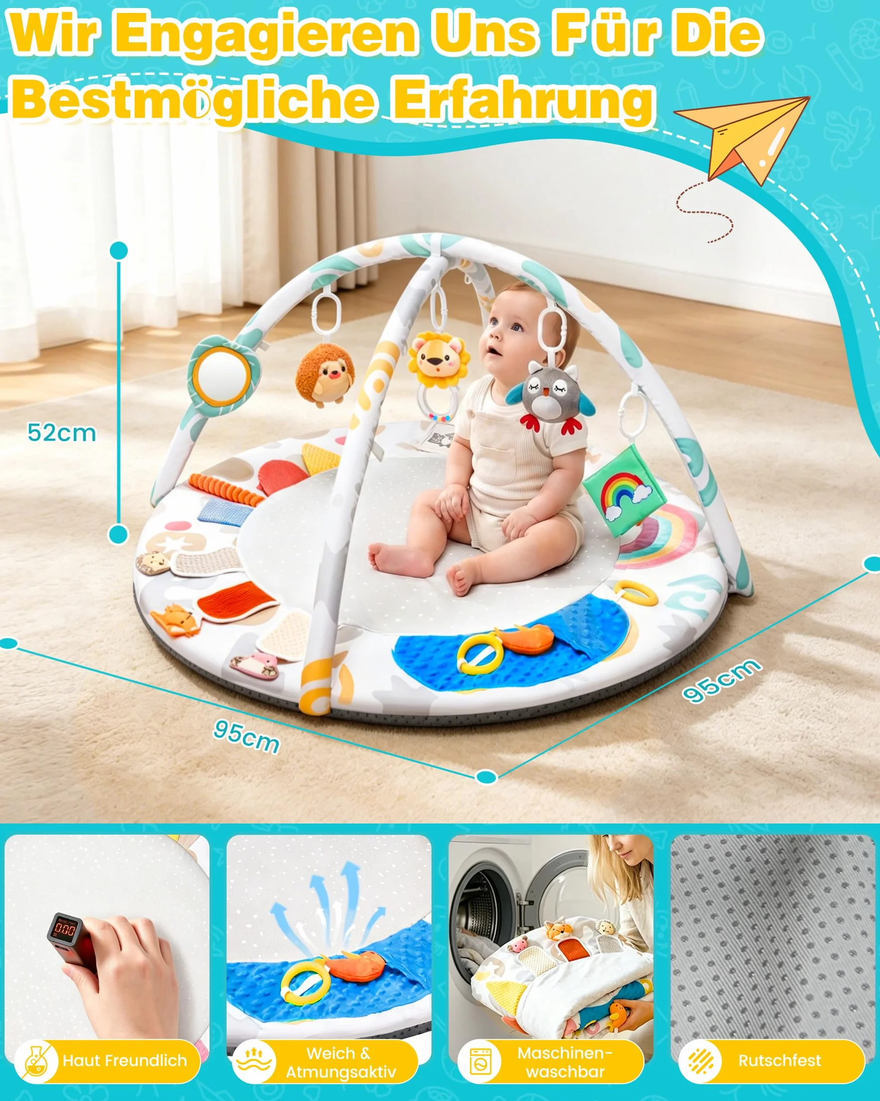 Tapis d'Éveil Bébé avec Arche Amovible, Jeux Sensoriels Montessori, 5 Jouets Suspendus 0-12 Mois