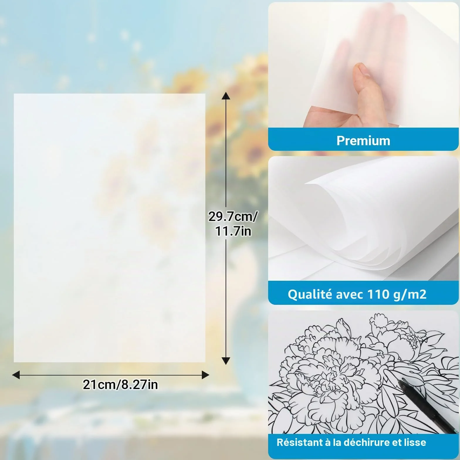 Kievano Papier Calque A4 110 g/m² 100 Feuilles Papier Transparent Épais pour Imprimante Jet d’Encre & Laser
