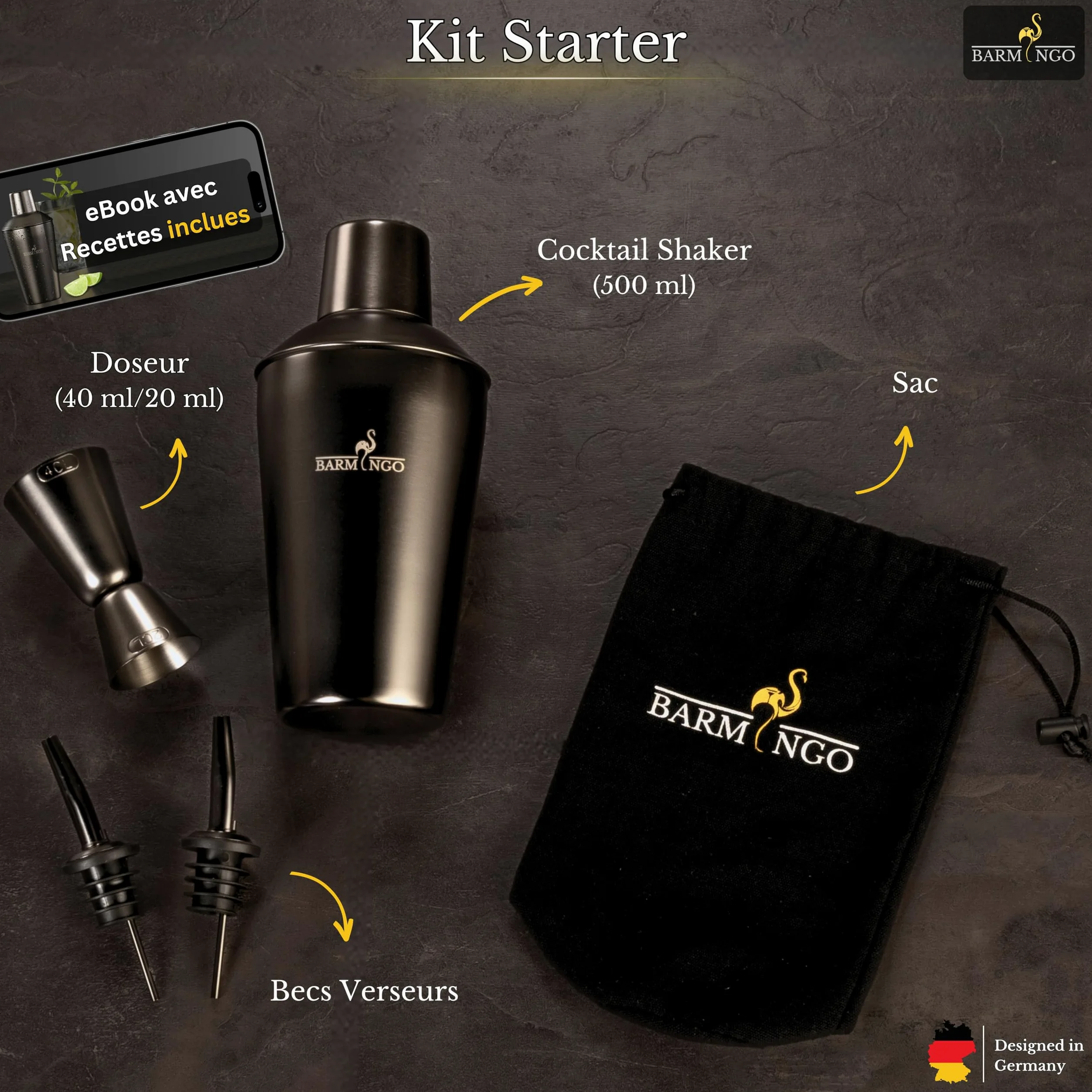 Shaker Cocktail Kit | 5 Pièces, Volume de 500 ML, Noir Métallisé | Shaker Cocktail INOX avec Accessoires de Bar | Set Barman Cocktail Shaker | Kit Cocktail Professionnel