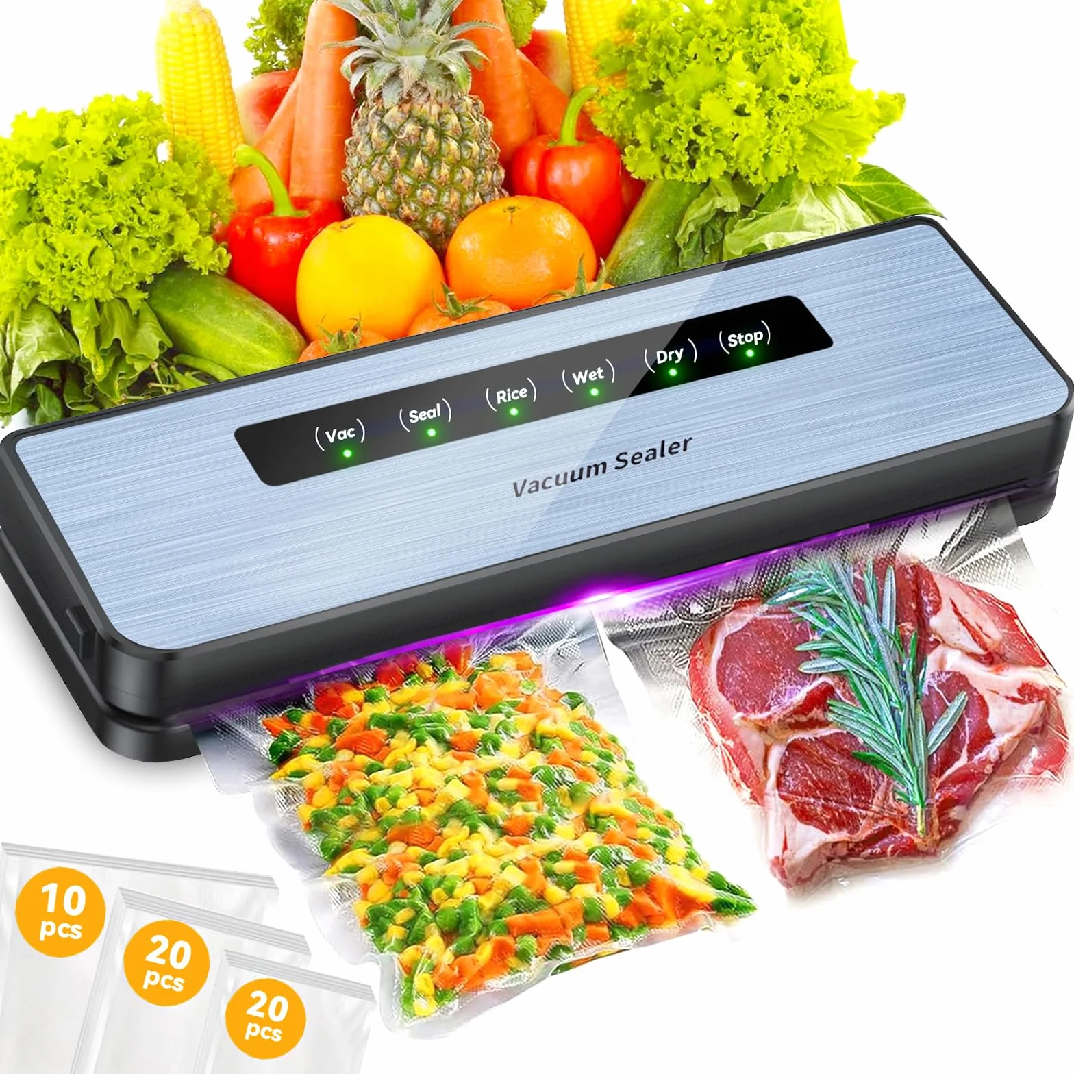 Machine Sous Vide Alimentaire 5 en 1, Appareil de Mise Sous Vide Compacte avec 50 Sacs, Scelleuse pour Aliments Secs et Humides