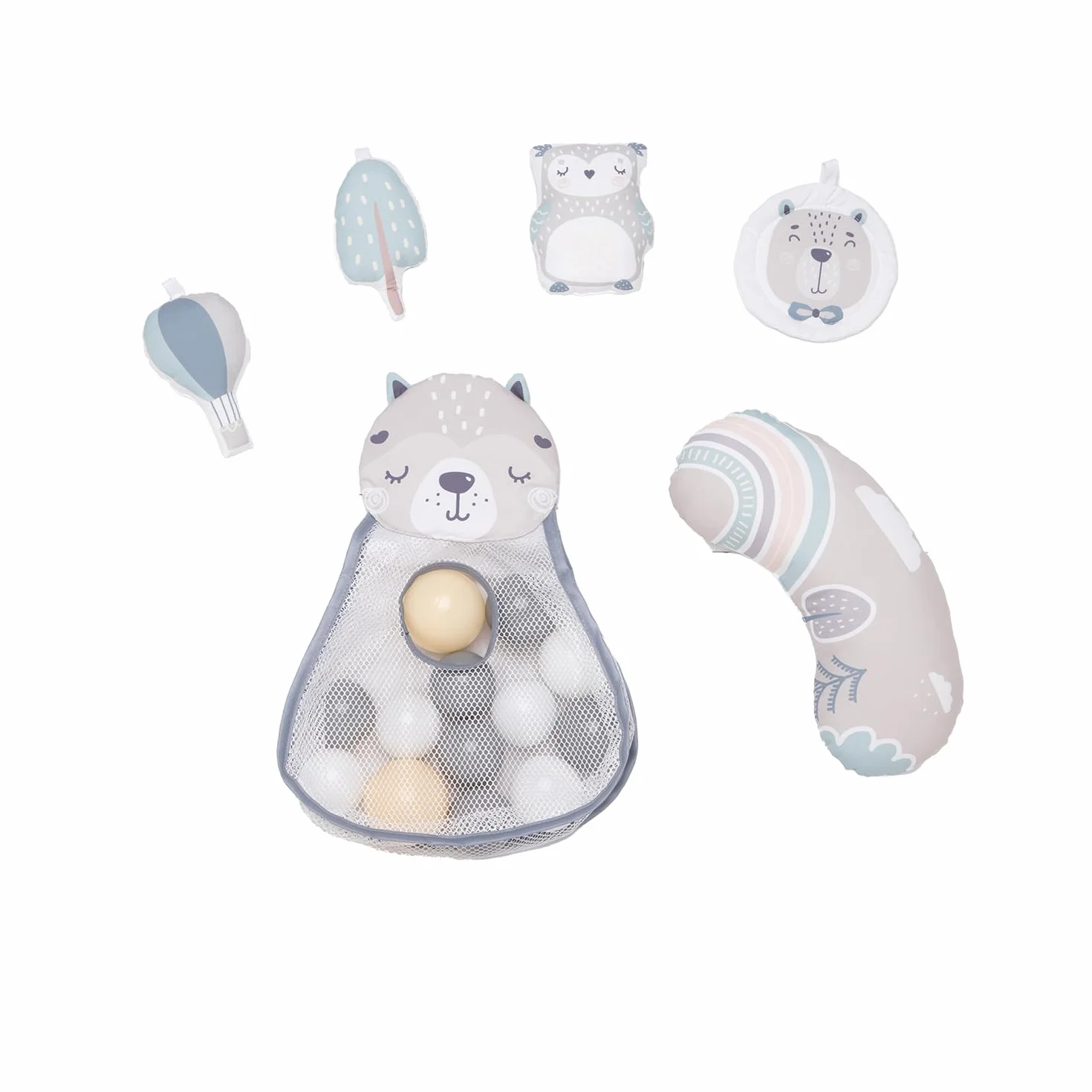 Arche de jeu MoMi PASTEL 3 en 1 avec tapis rampant, bain de balles, 5 jouets, 20 balles
