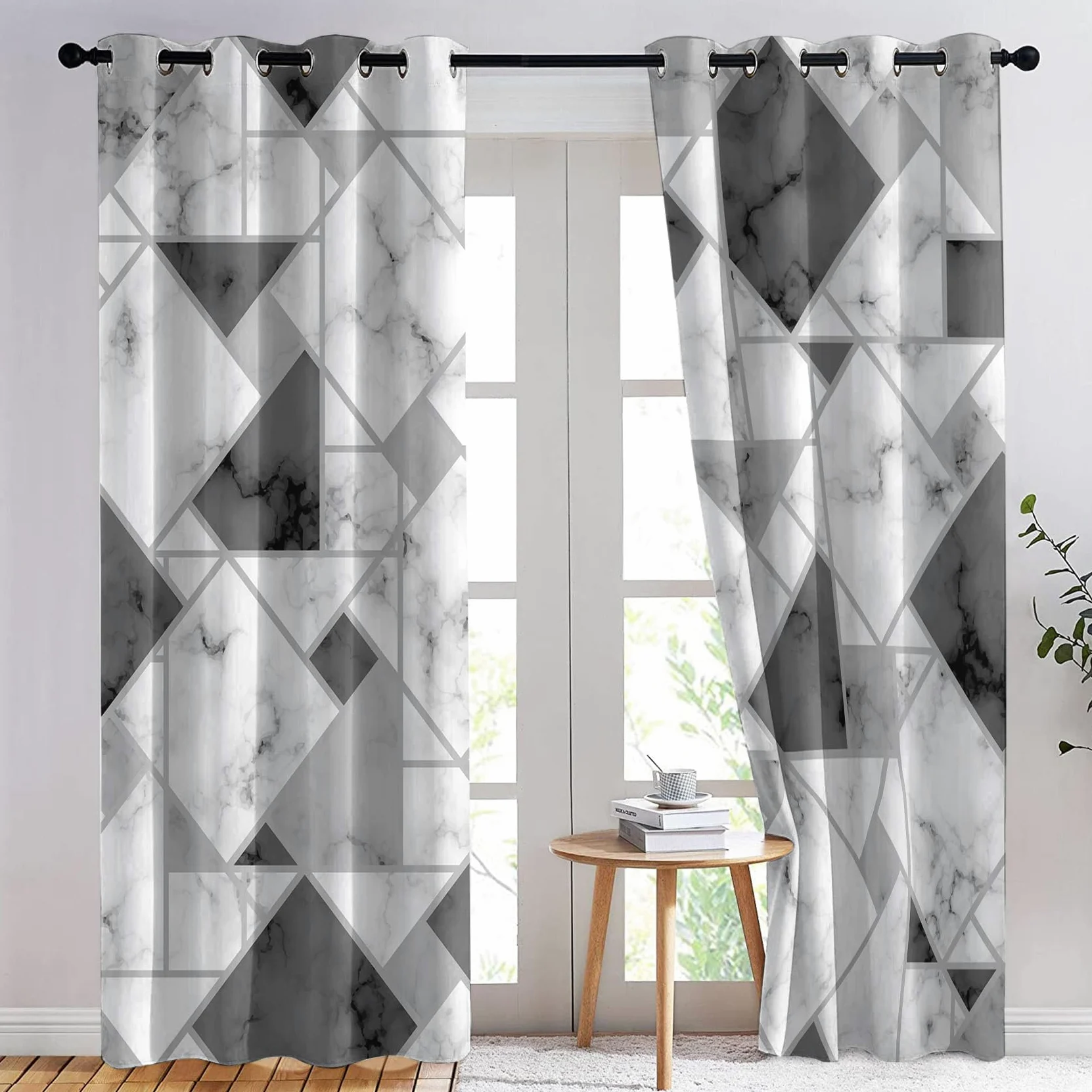 Rideau Occultant Marbre, Rideaux Thermiques à Oeillets pour Chambre, Motif Noir Blanc Et Gris Rideaux Salon, Moderne Lot de 2 Décoration de Fenêtre Rideaux 140x260cm LxH (GR-&223)