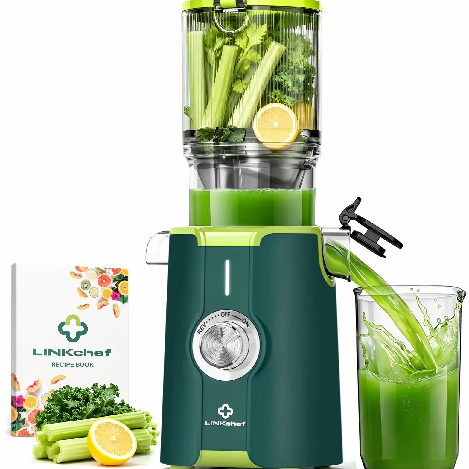 LINKChef Extracteur de Jus Vertical Slow Juicer 200W Goulot Large 115 mm Fruits Légumes Entiers Sans BPA Vert