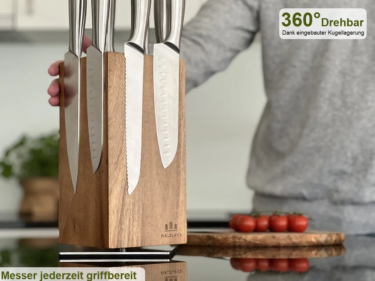 WALDLAND Bloc à couteaux magnétique rotatif 360° en bois d'acacia Organiseur cuisine