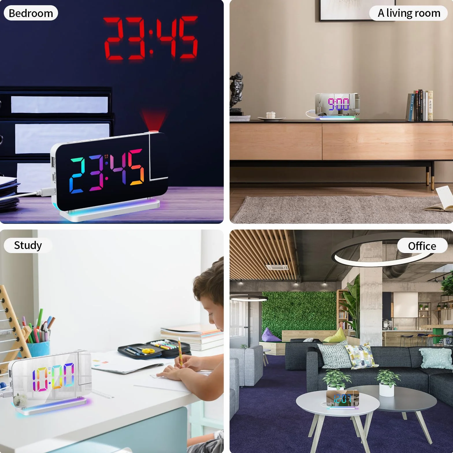 ThreeH Réveil Projecteur LED RGB avec Surface Miroir Affichage Auto Dimming Volume Réglable Double Port USB Veilleuse Blanc