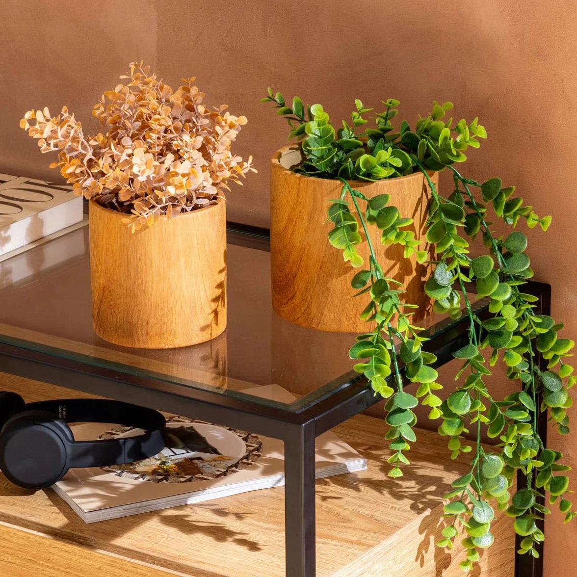 Atmosphera Créateur d'intérieur Cache-Pots Effet Bois SOA 14cm Naturel Lot de 2