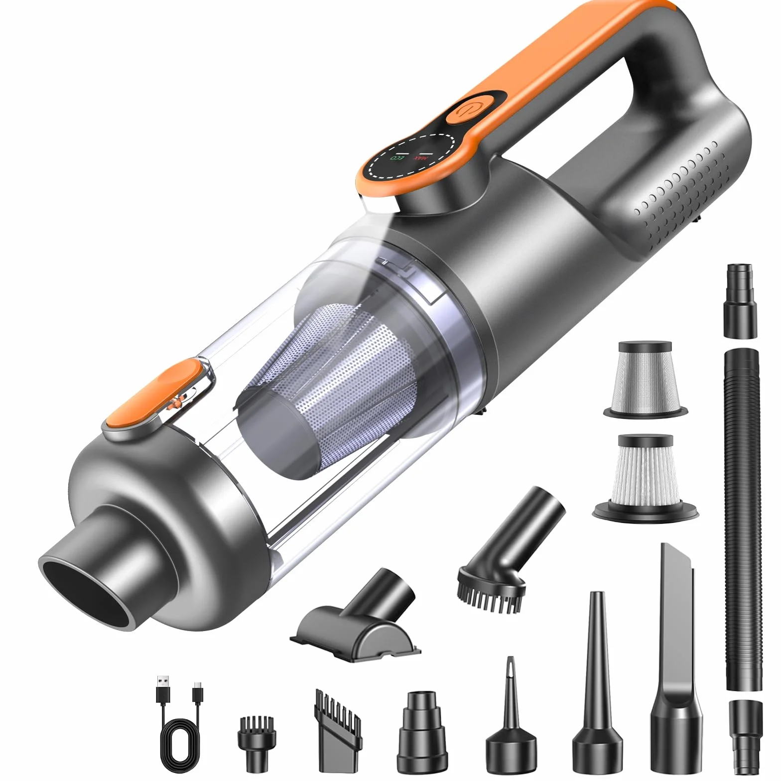 Aspirateur à Main, 26000Pa 4-in-1 Aspirateur sans Fil Puissant, Dépoussiérage par One Pression, Moteur sans Balais, écran HD et Lumière LED, Mini Aspirateur Voiture pour Maison/Bureau/Voiture, Orange