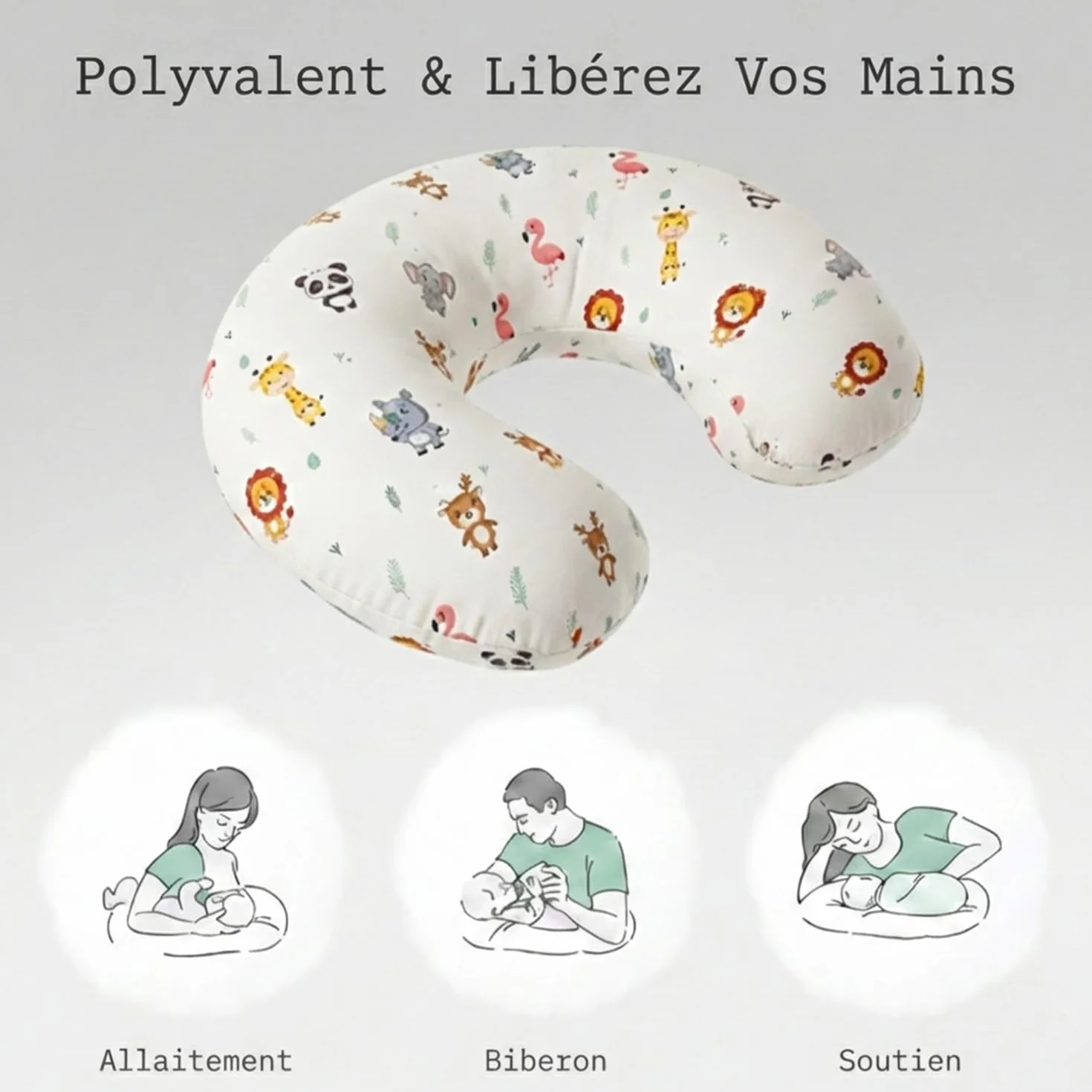 LivinEase Coussin d'allaitement 100% coton certifié OEKO-TEX housse lavable Jungle