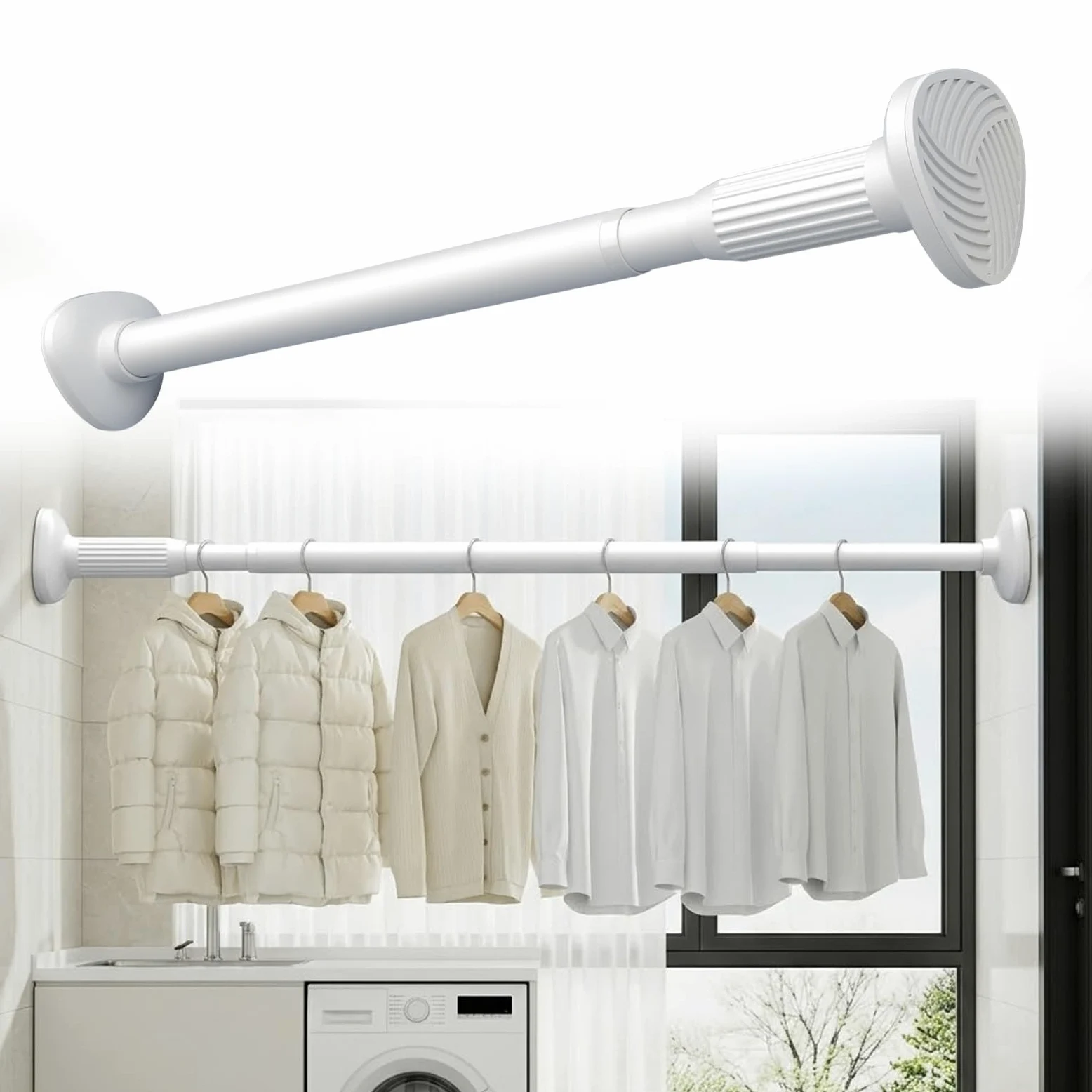 Tringle à Rideau Extensible Barre Douche Réglable Sans Percage 40-250 cm Tringle Télescopique Acier Inoxydable pour Armoire Portes Fenêtre(Blanc,(43-79")110-200cm)