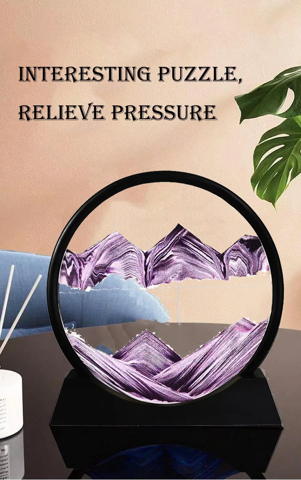 Sablier 3D en mouvement avec cadre en verre fluide 17,8 cm violet décoration maison bureau