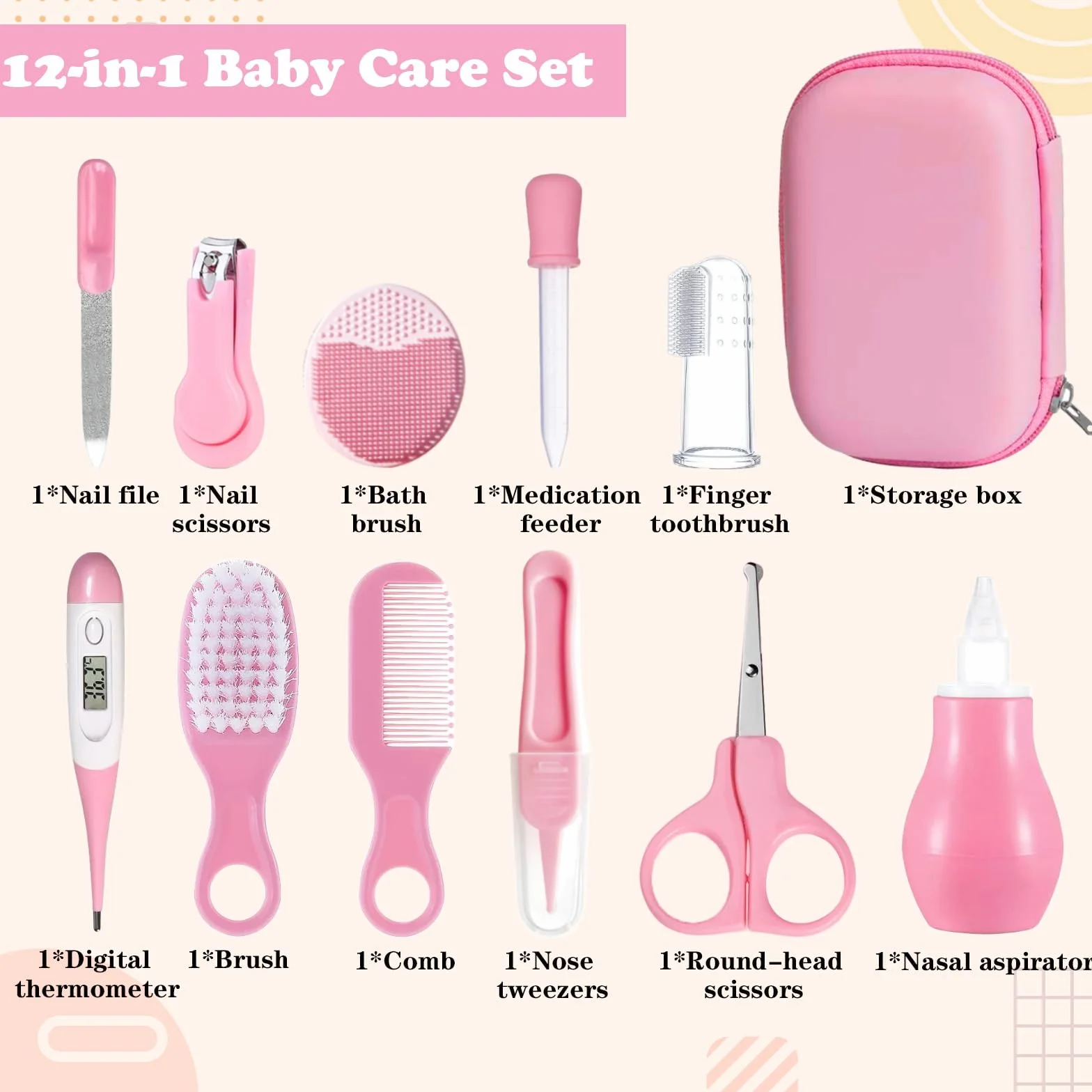 Trousse de Soin Bébé Naissance 12 Pièces, Ensemble Sécurité Sans BPA pour Bébé Rose