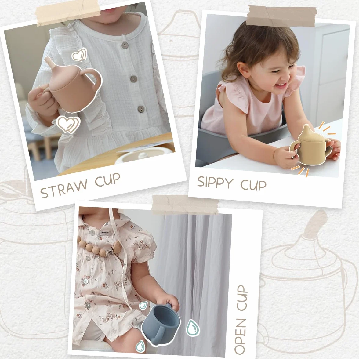 Moonkie Verre Bébé Apprentissage Anti Fuite 120ml, Tasse 3-en-1 en Silicone, Gourde avec Poignées, Compatible Lave-Vaisselle (Vert Gris)
