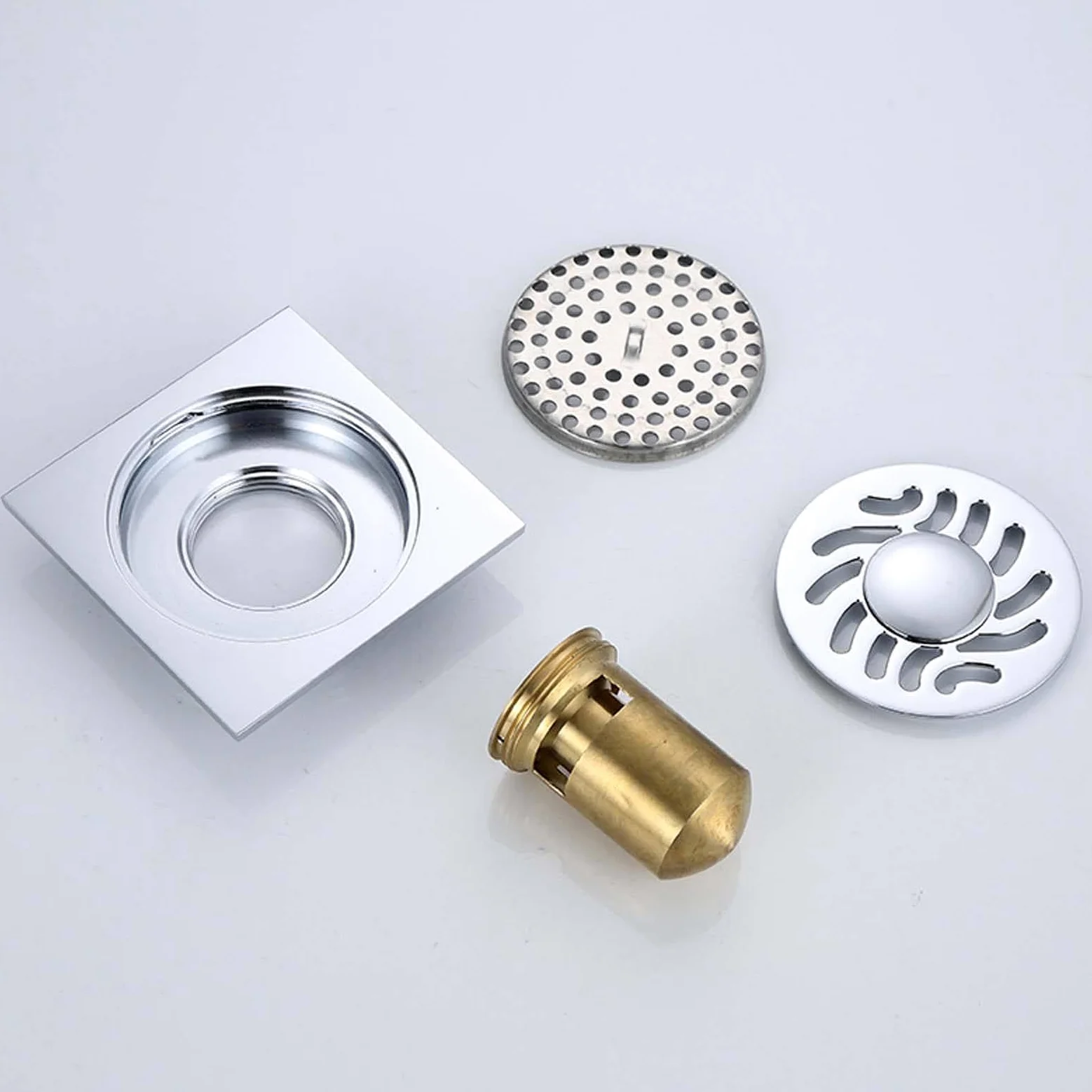 Bonde Douche Laiton Siphon Douche Placage Bonde de Douche Joint d'eau Profonde Bonde Douche Extra Plate 100 * 100mm Siphon de Sol pour Salle de Bain, Cuisine, Toilettes