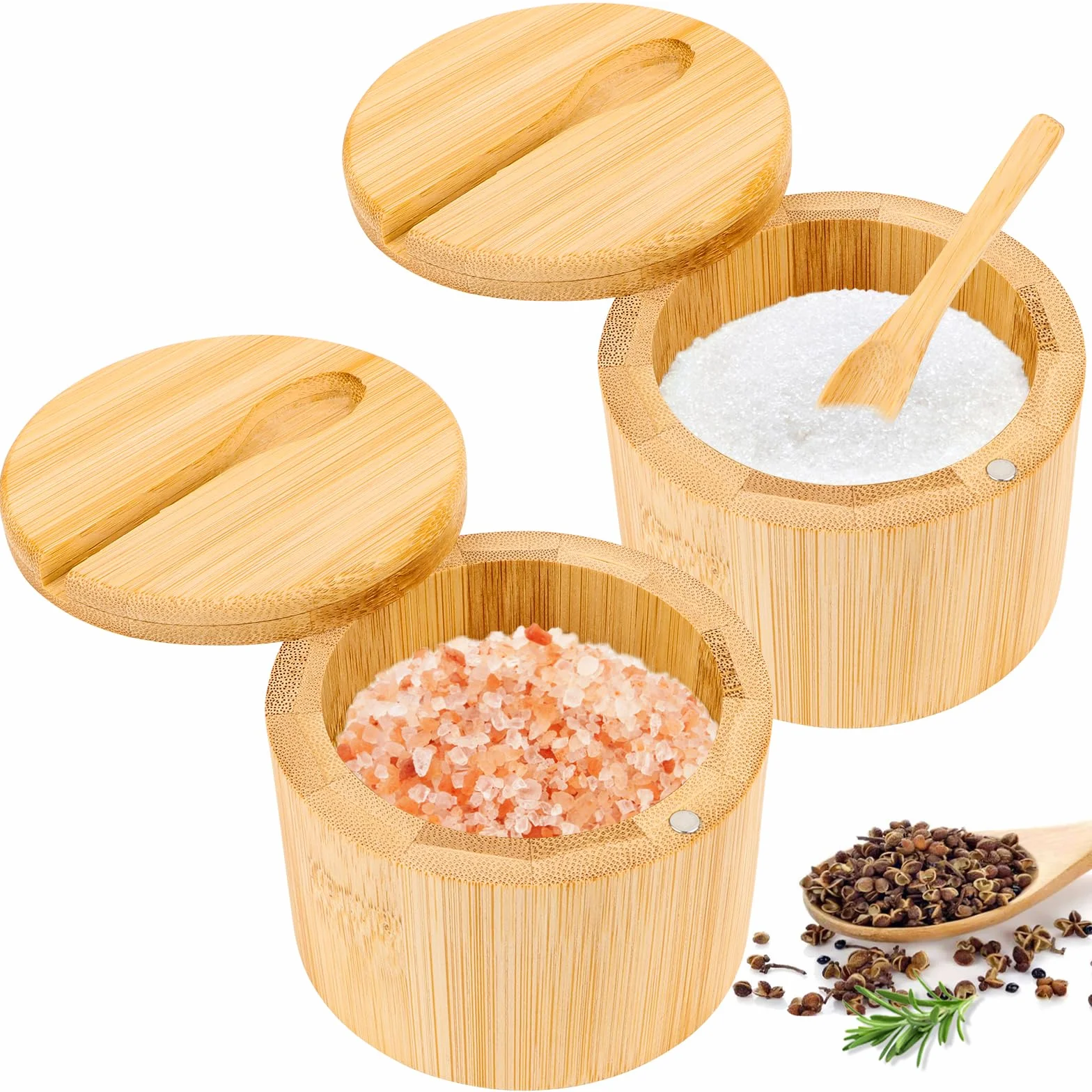 Lot de 2 boîtes à sel en bambou 6 oz avec couvercle pivotant magnétique